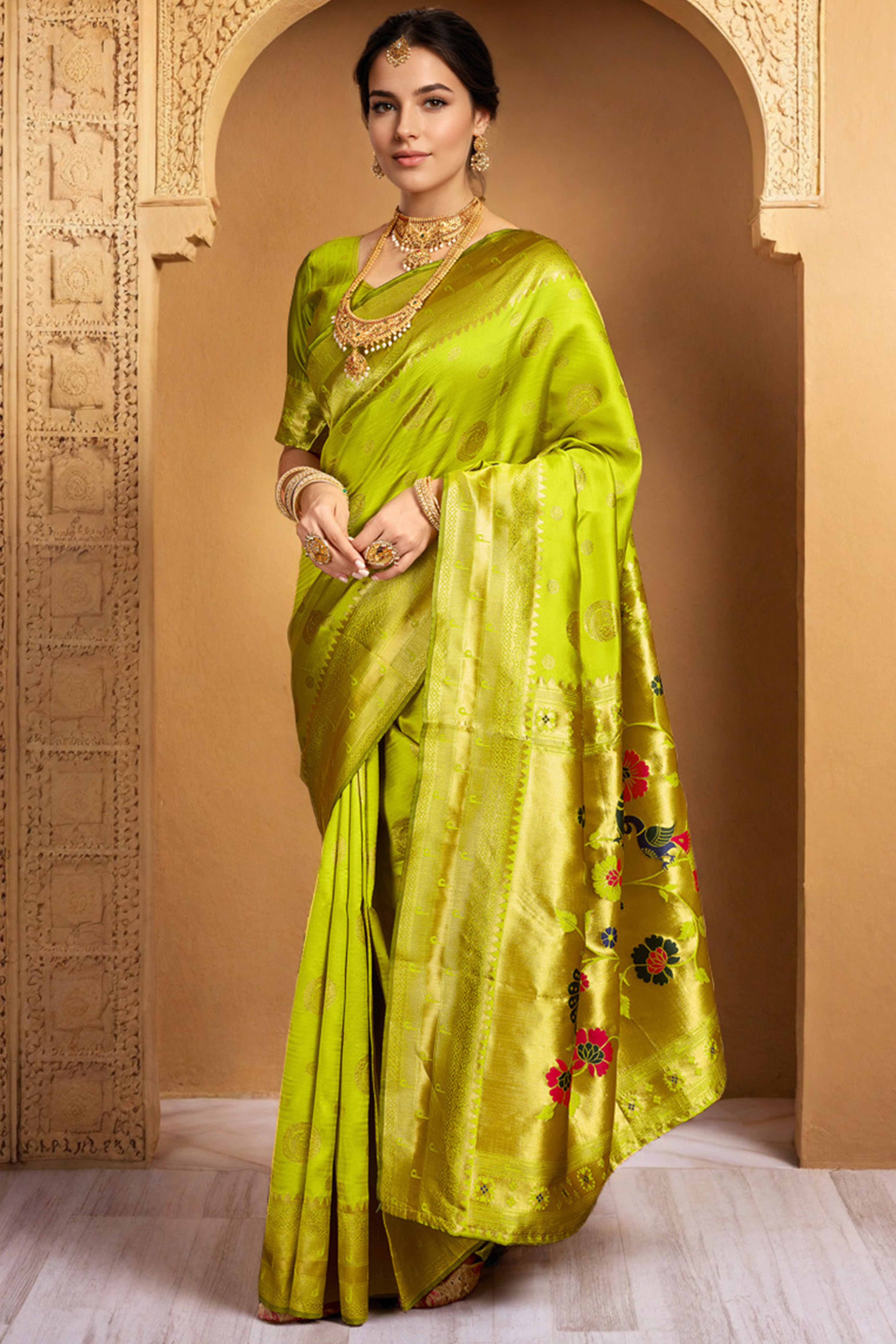 Lime Green Paithani Silk Blend Saree Embellished With Zari Peacock & Floral Woven Patterns