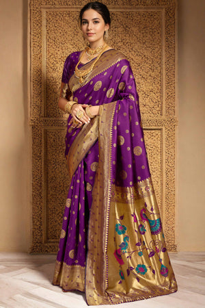 Purple Paithani Silk Blend Saree Embellished With Zari Peacock & Floral Woven Patterns