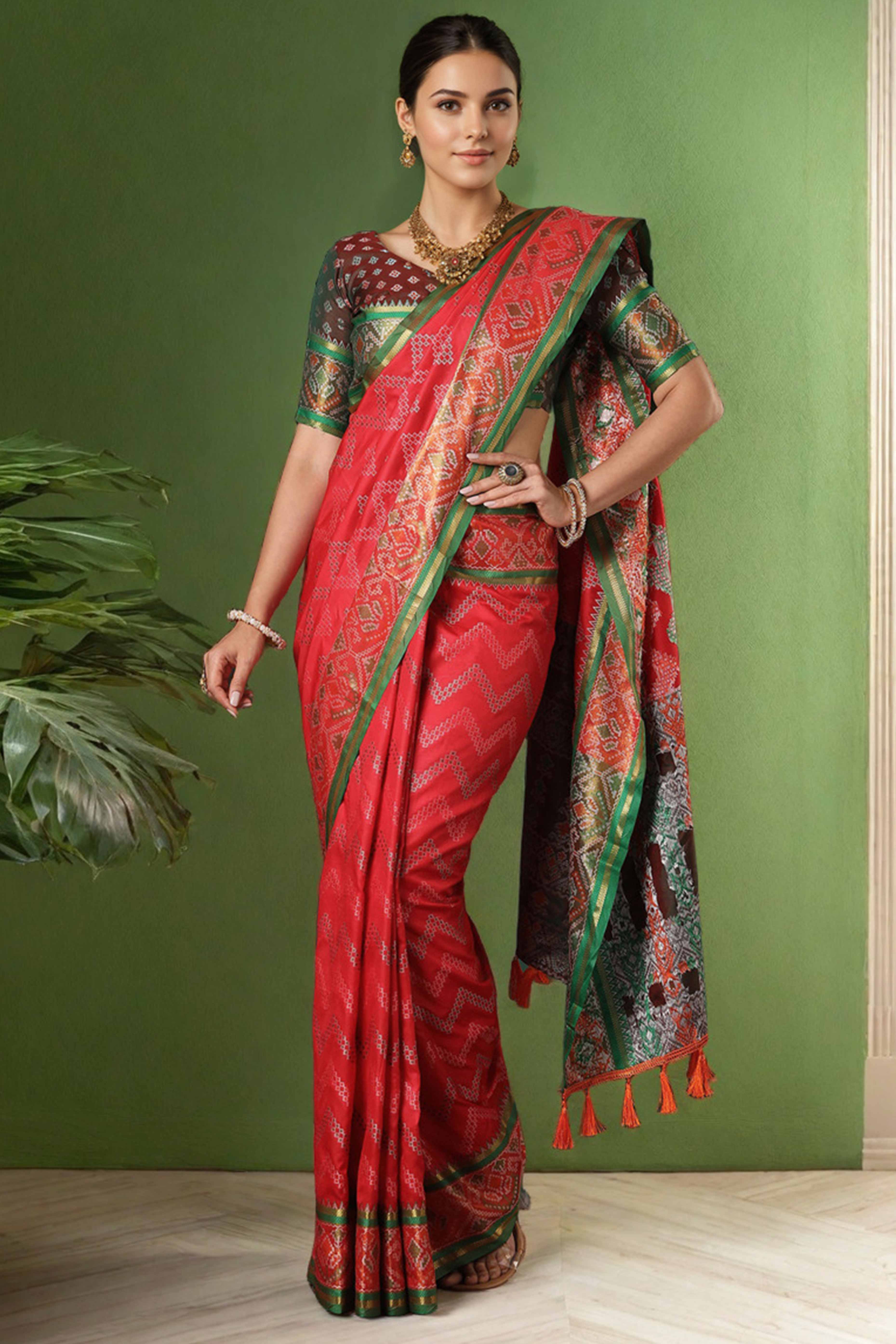 Red Silk Blend Saree With Traditional Zig Zag Patola Weaving & Tassel Pallu