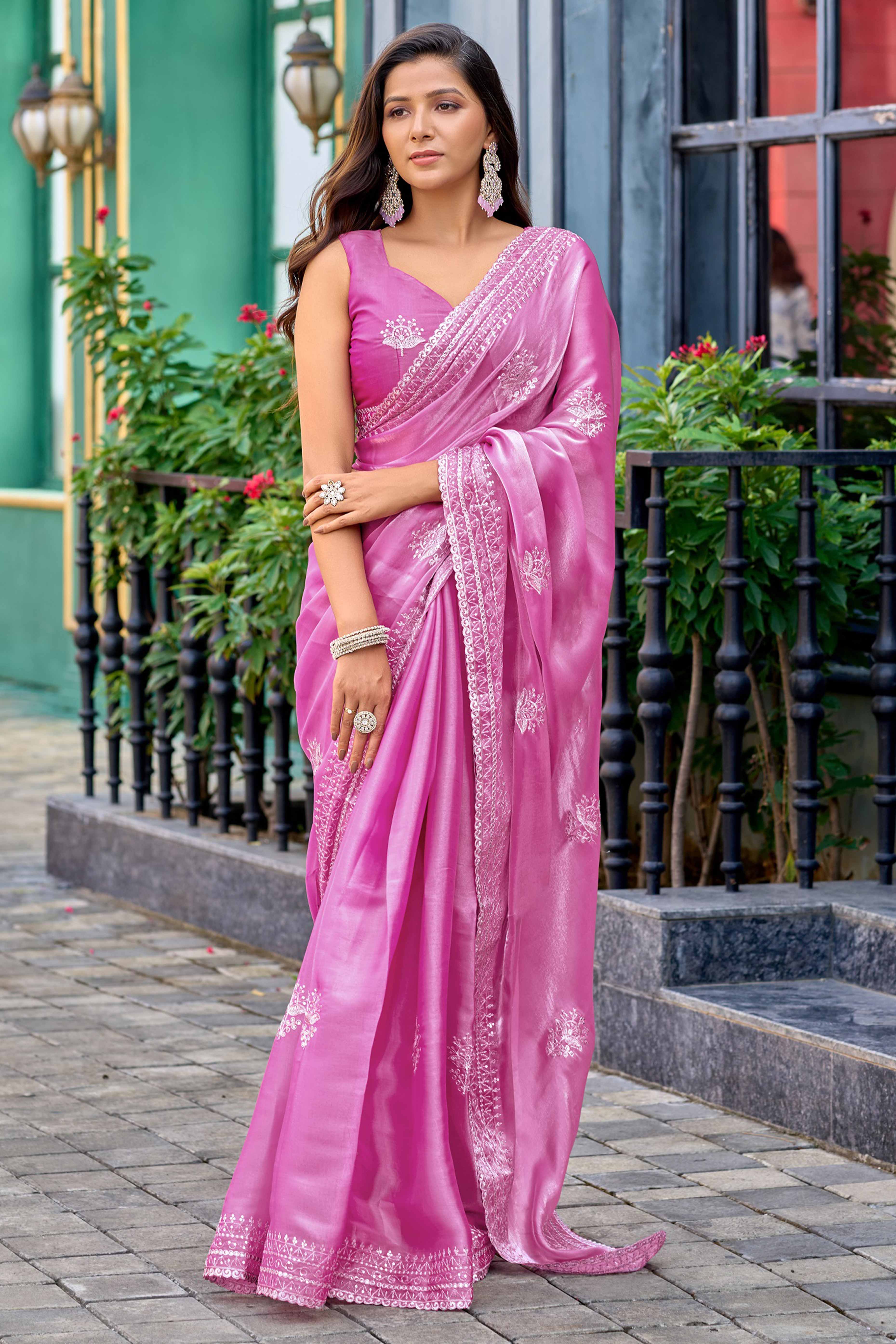 Baby Pink Partywear Saree in Shimmer Chiffon with Sequins Embroidery