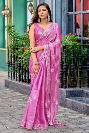 Baby Pink Partywear Saree in Shimmer Chiffon with Sequins Embroidery