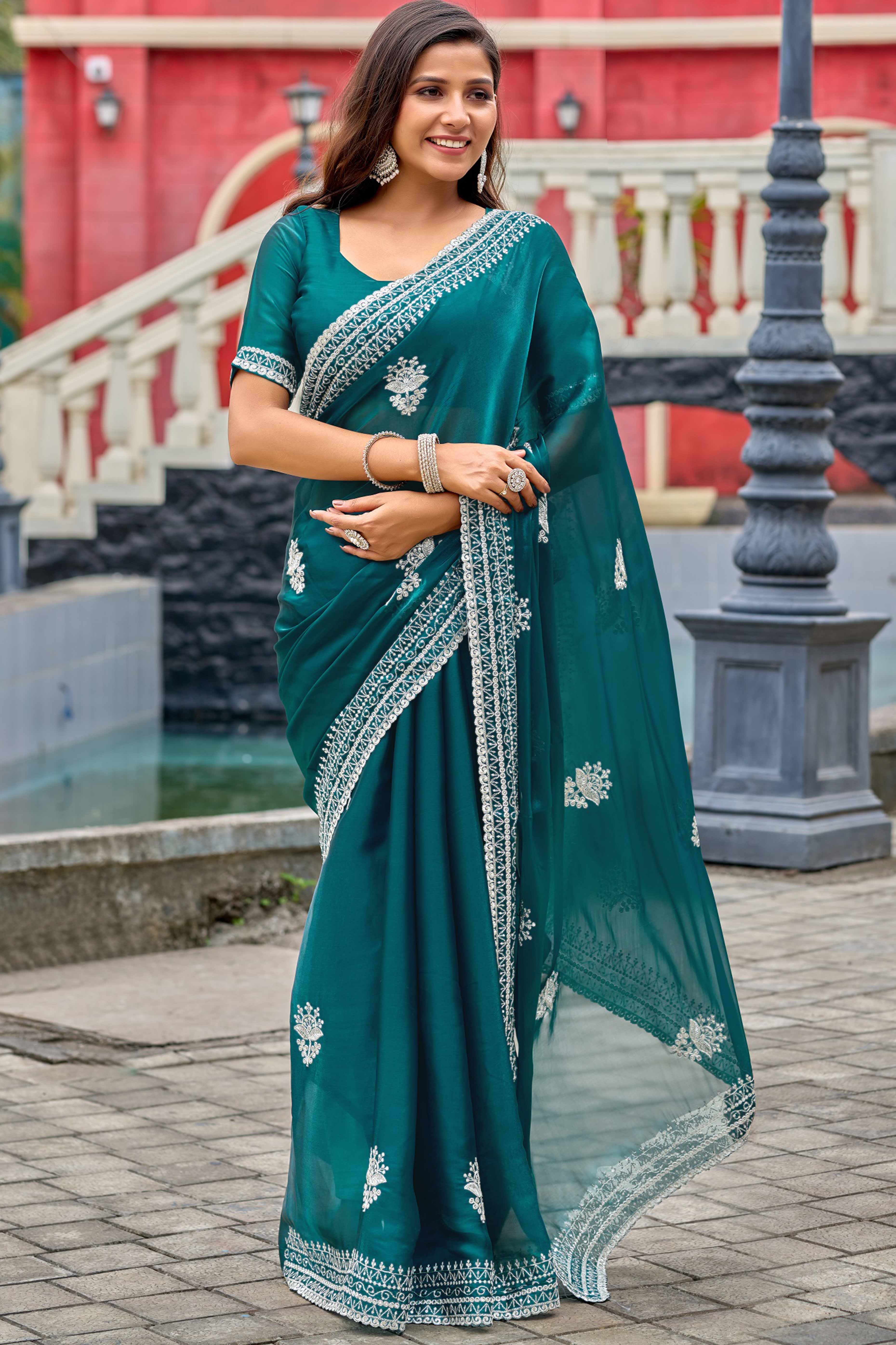 Peacock Green Partywear Saree in Shimmer Chiffon with Sequins Embroidery