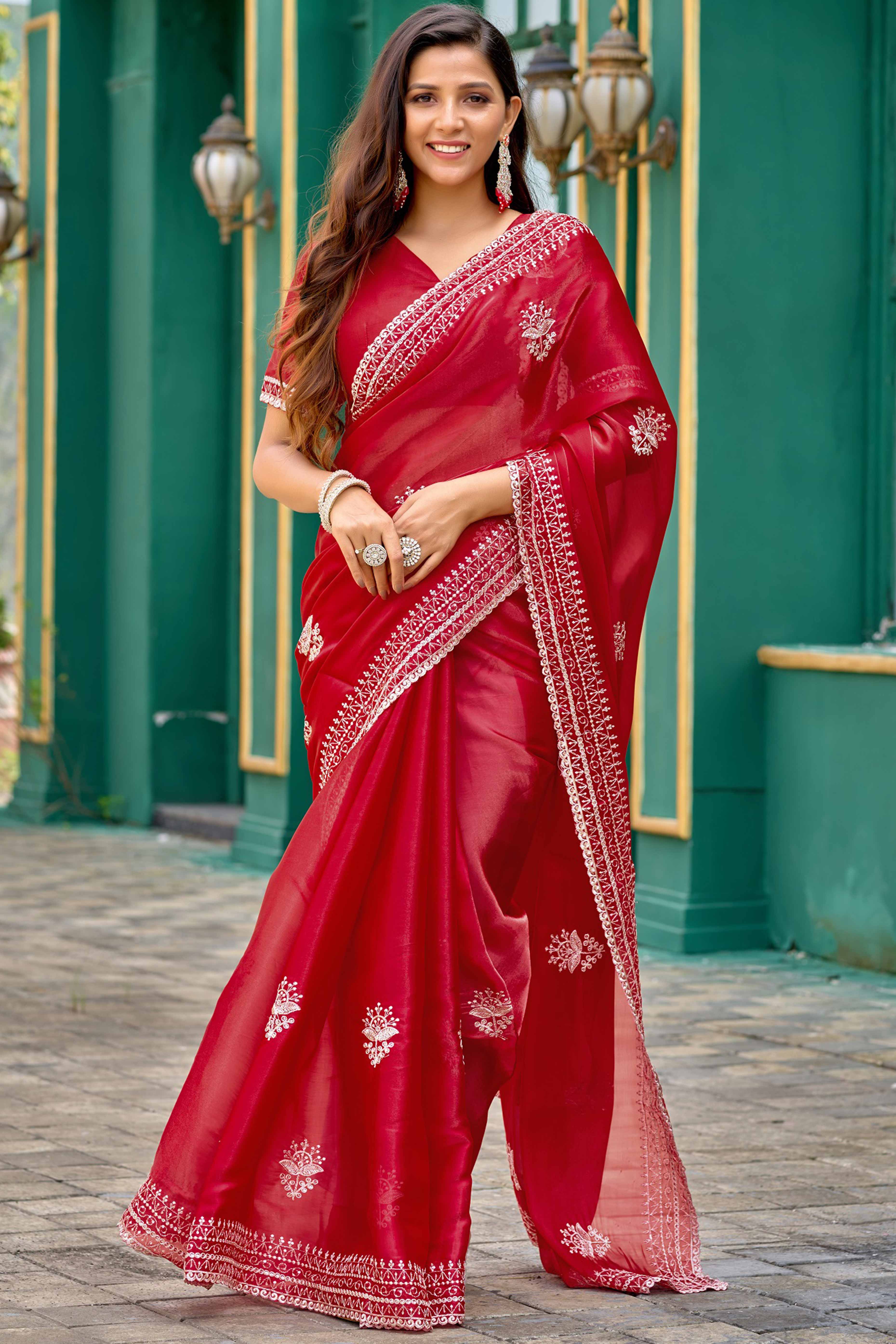 Red Partywear Saree in Shimmer Chiffon with Sequins Embroidery