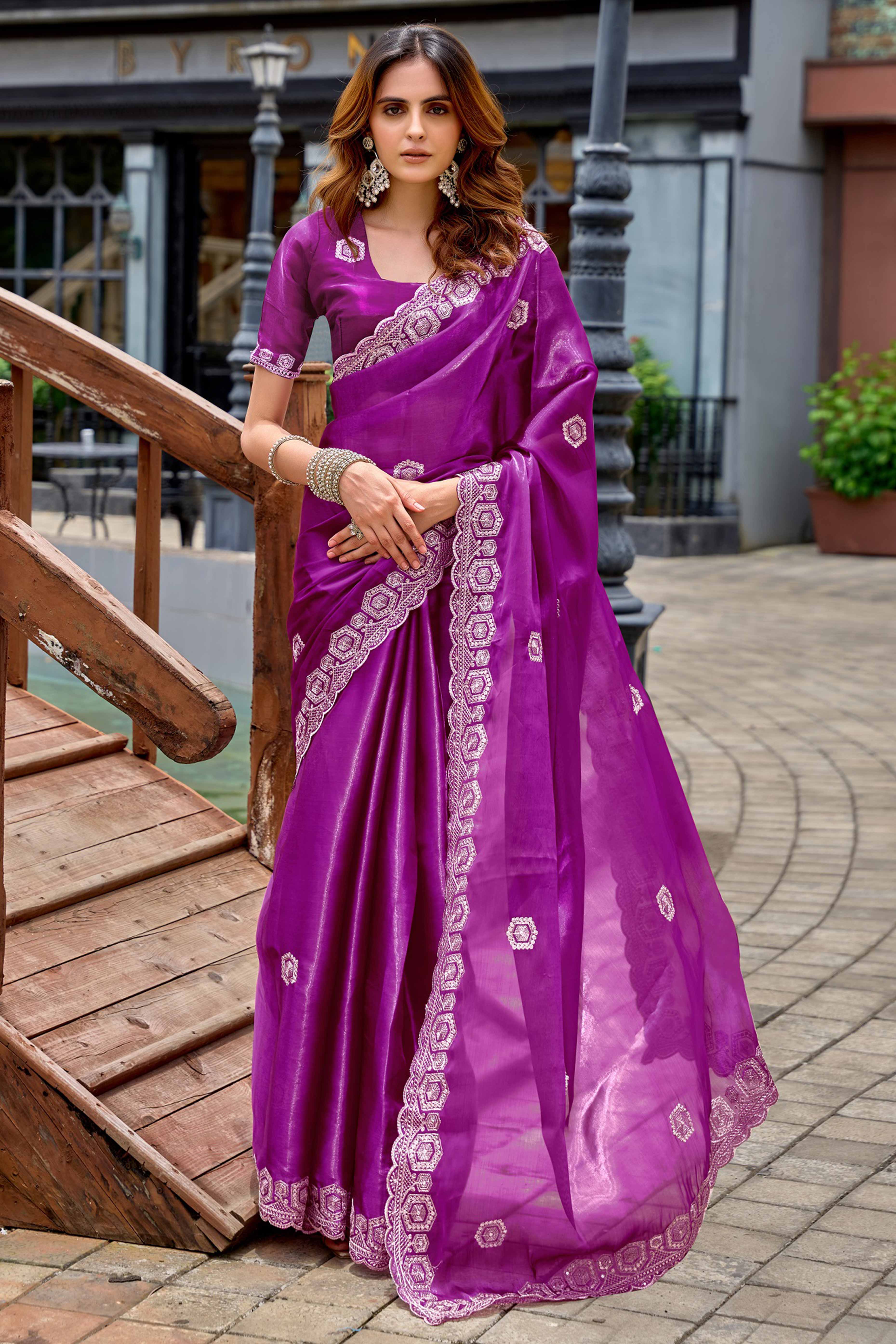 Shimmering Purple Chiffon Saree with Delicate Sequins Work