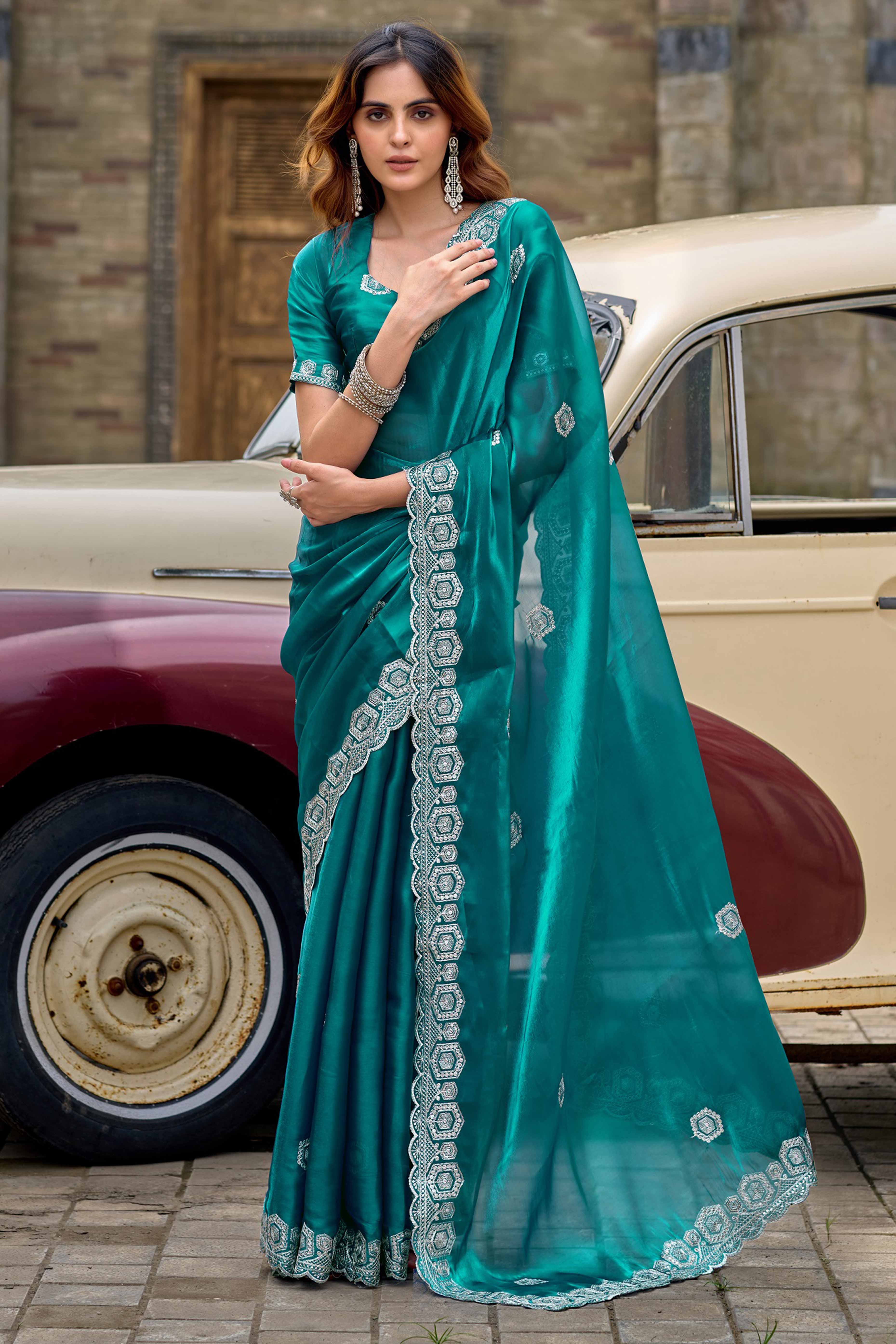 Shimmering Rama Green Chiffon Saree with Delicate Sequins Work