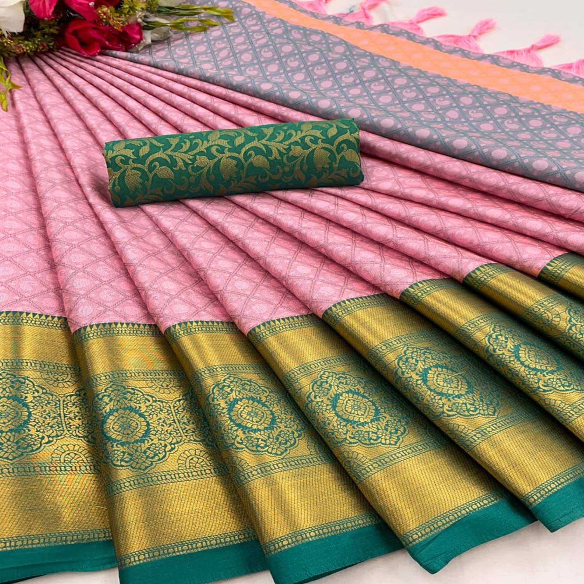 Pink Silk Blend Saree With Detailed Zari Weaving & Tassel Embellishments