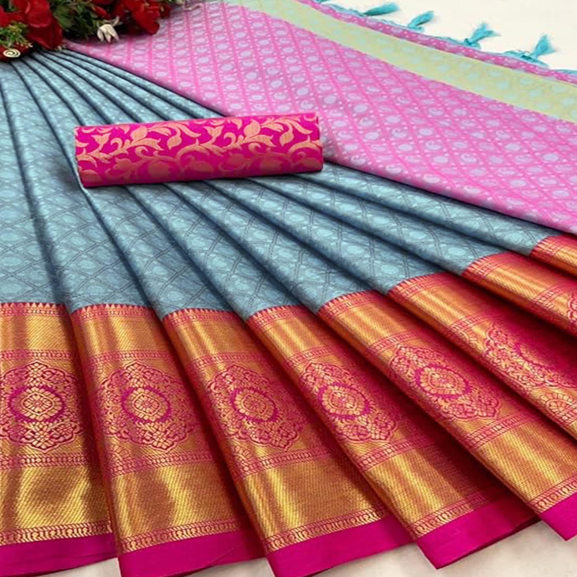 Sky Blue Silk Blend Saree With Detailed Zari Weaving & Tassel Embellishments