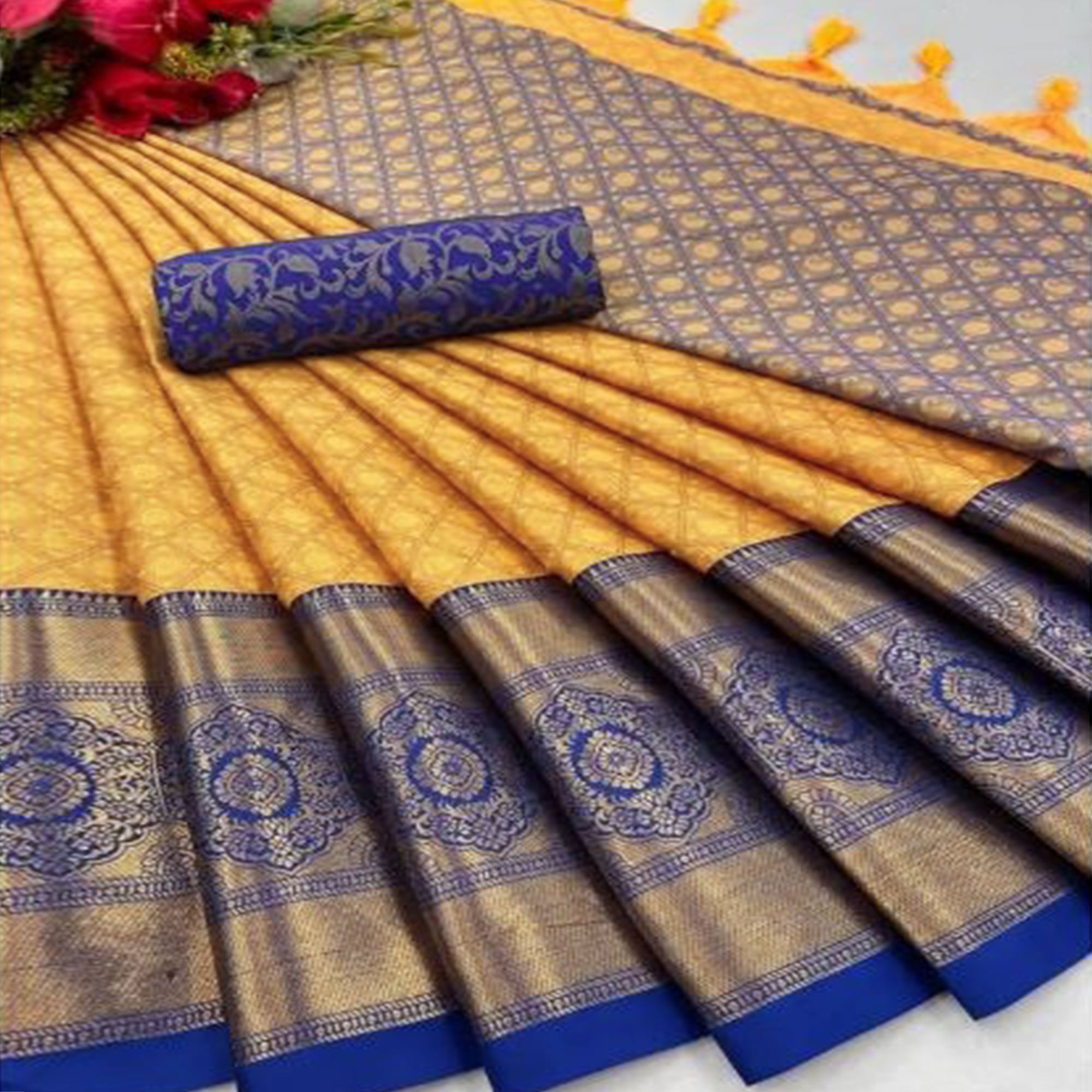 Mustard Silk Blend Saree With Detailed Zari Weaving & Tassel Embellishments