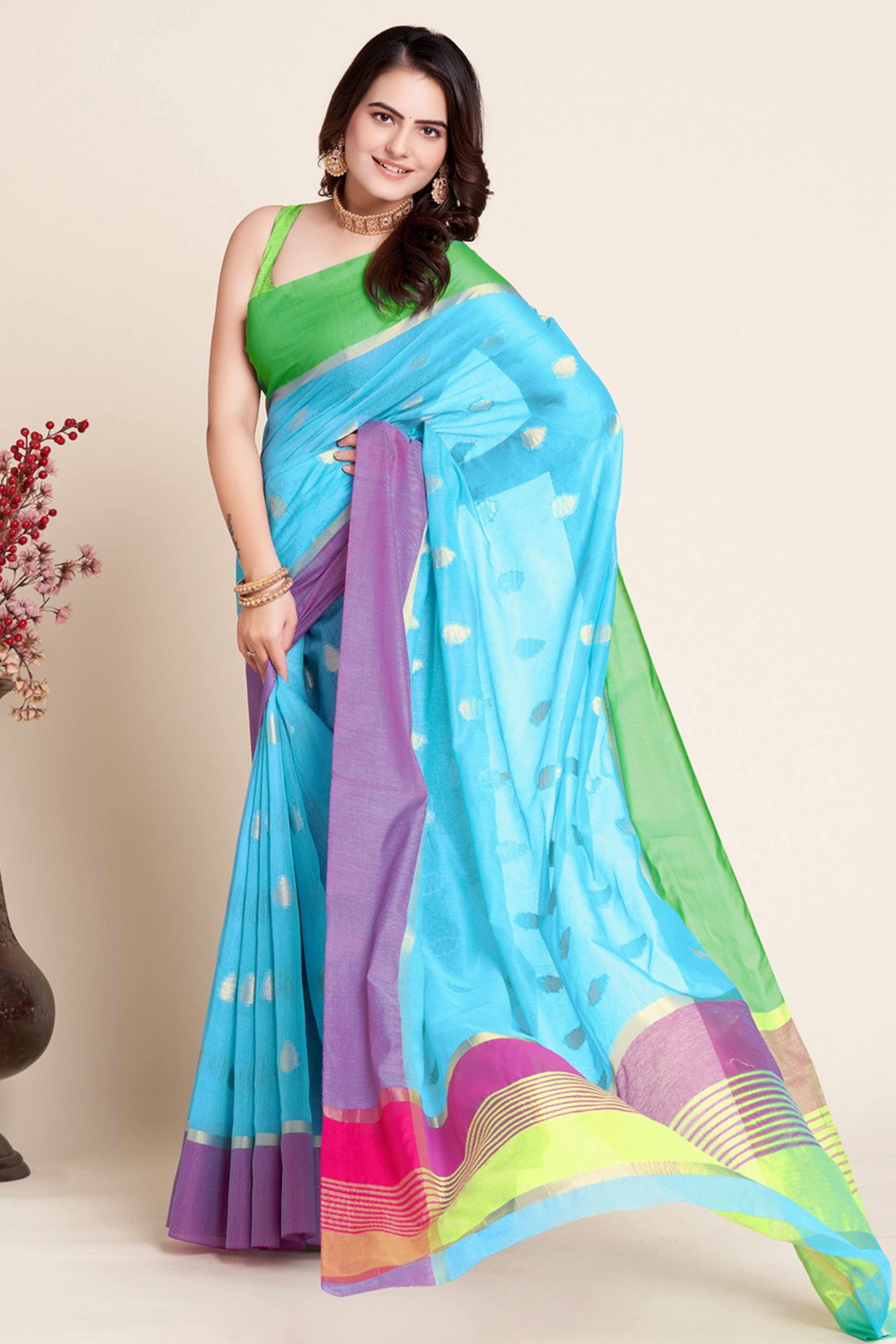 Sky Blue Zari Weaving Cotton Silk Saree
