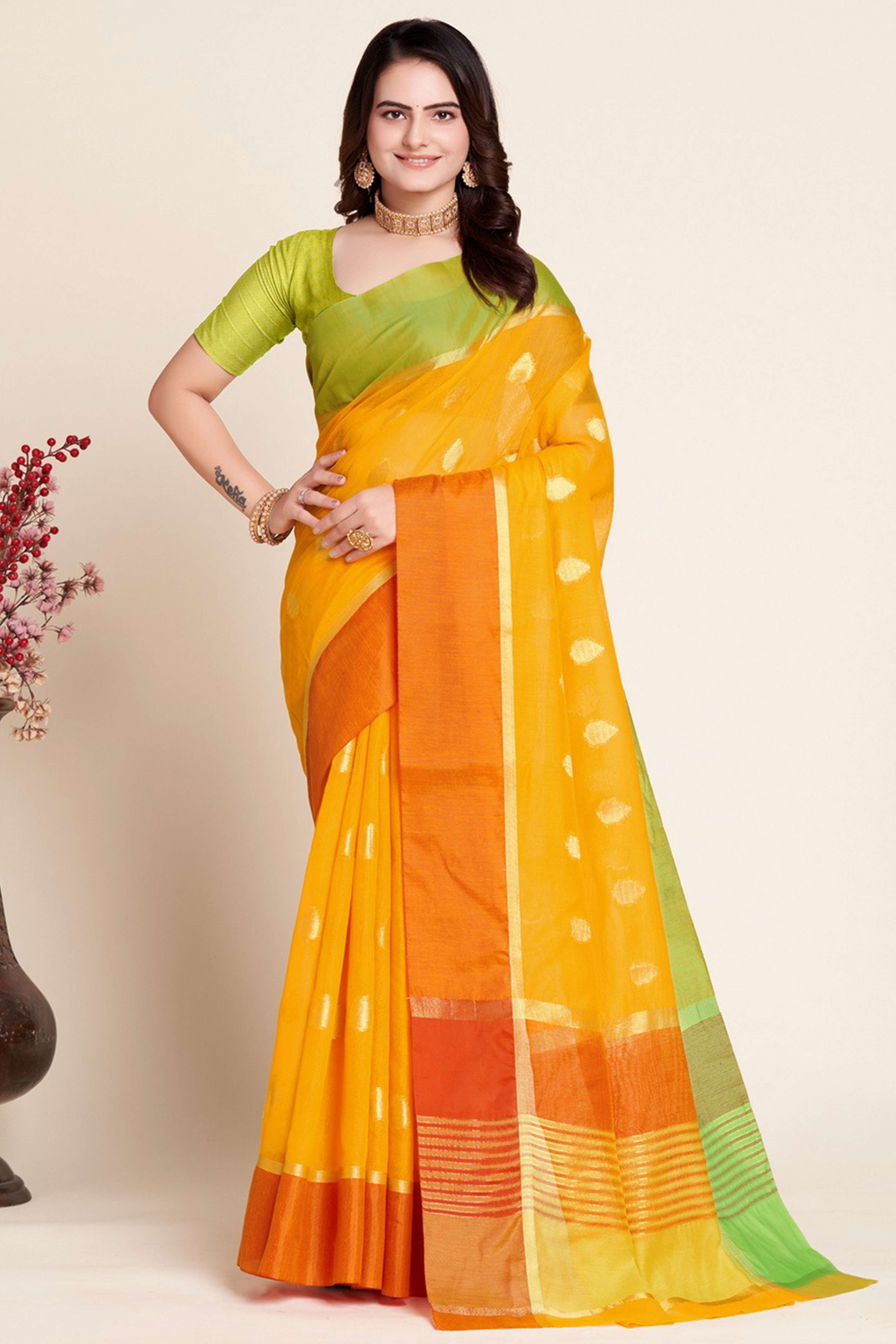 Yellow Zari Weaving Cotton Silk Saree