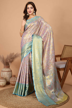 Pink Kanjivaram Silk Saree Adorned With Exquisite Floral Zari Weaving