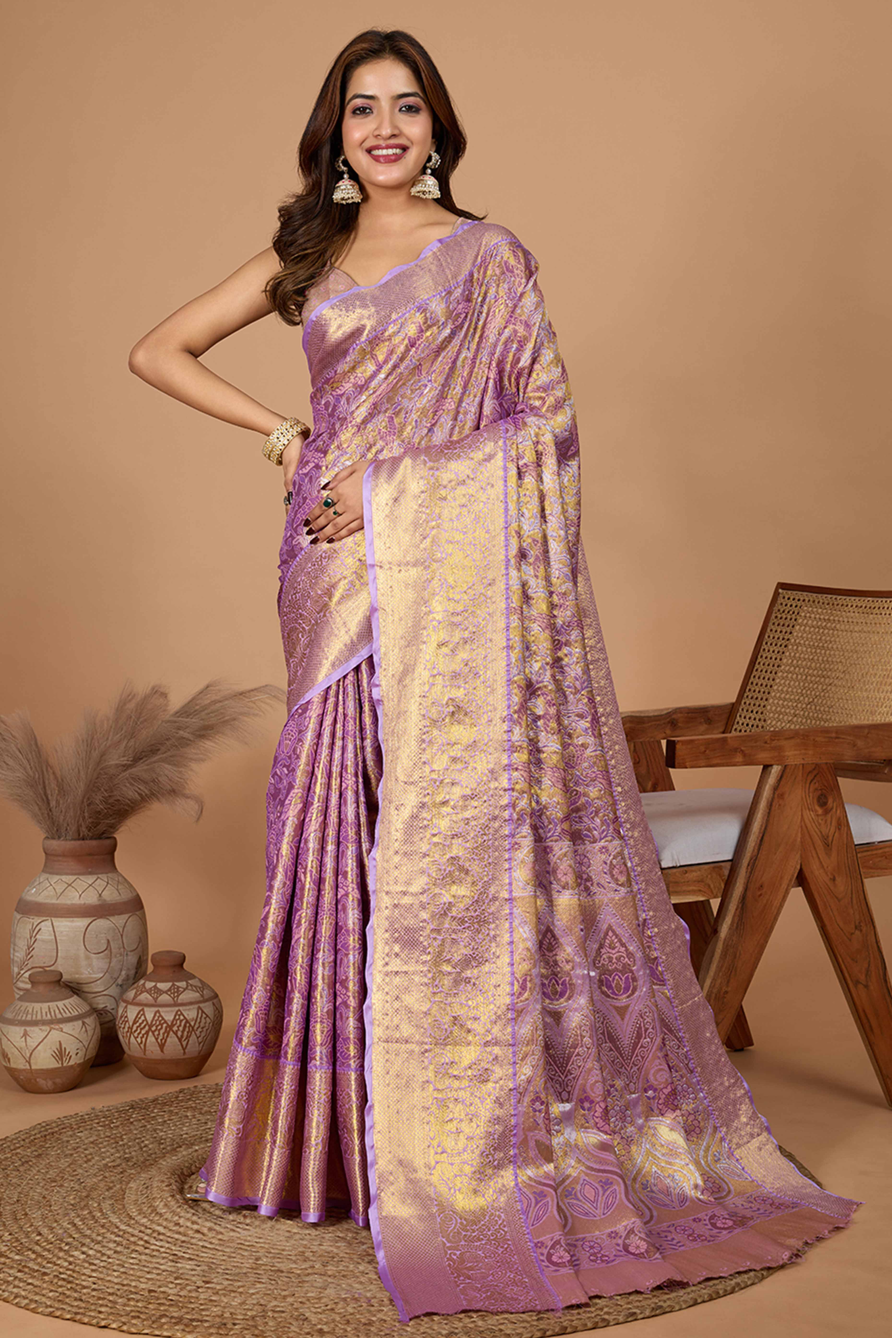 Purple Kanjivaram Silk Saree Adorned With Exquisite Floral Zari Weaving