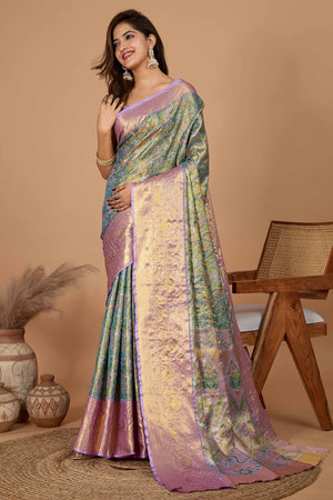 Pista Green Kanjivaram Silk Saree Adorned With Exquisite Floral Zari Weaving