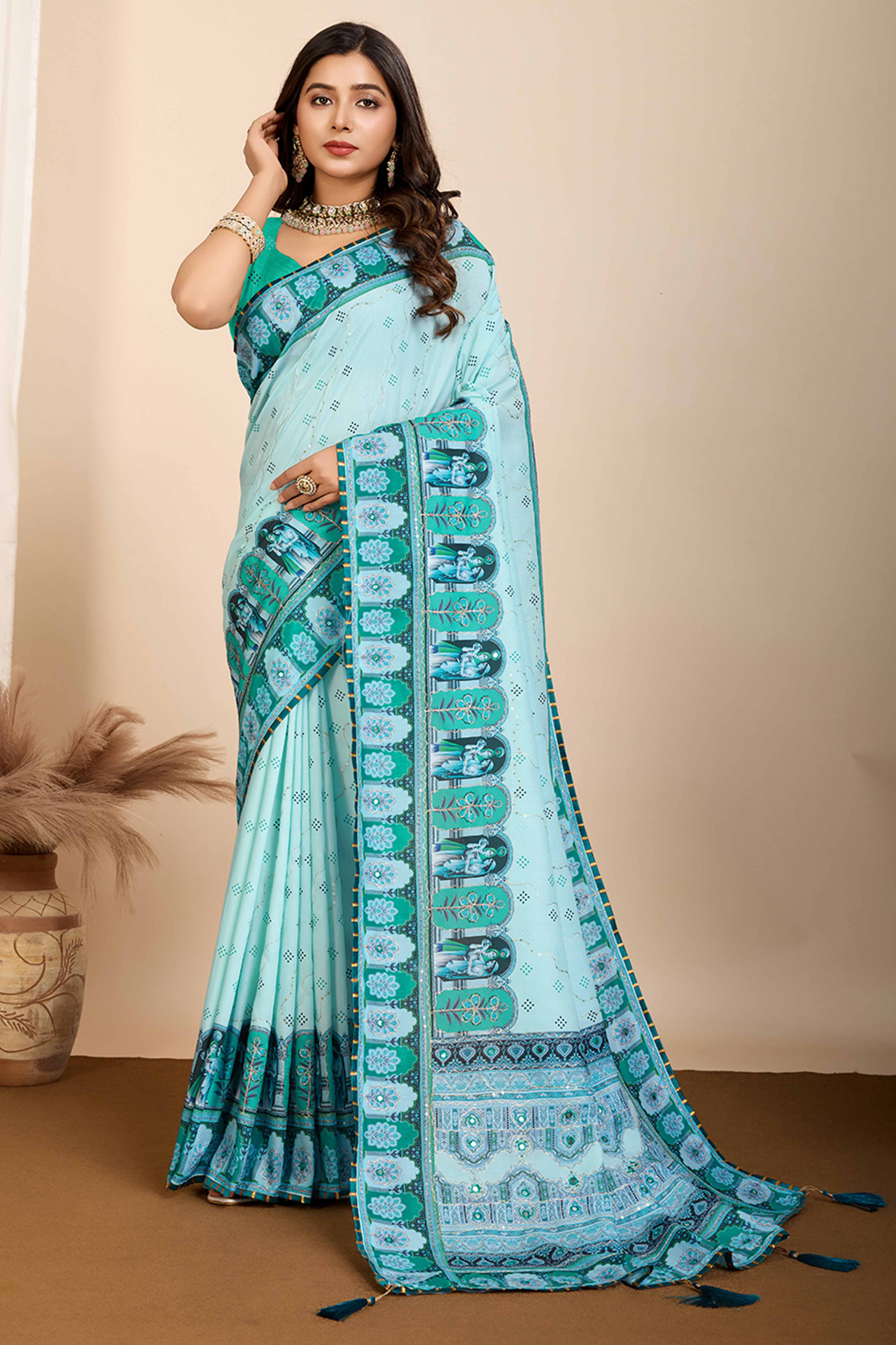 Sky Blue Digital Print with Embroidery Work Muslin Saree