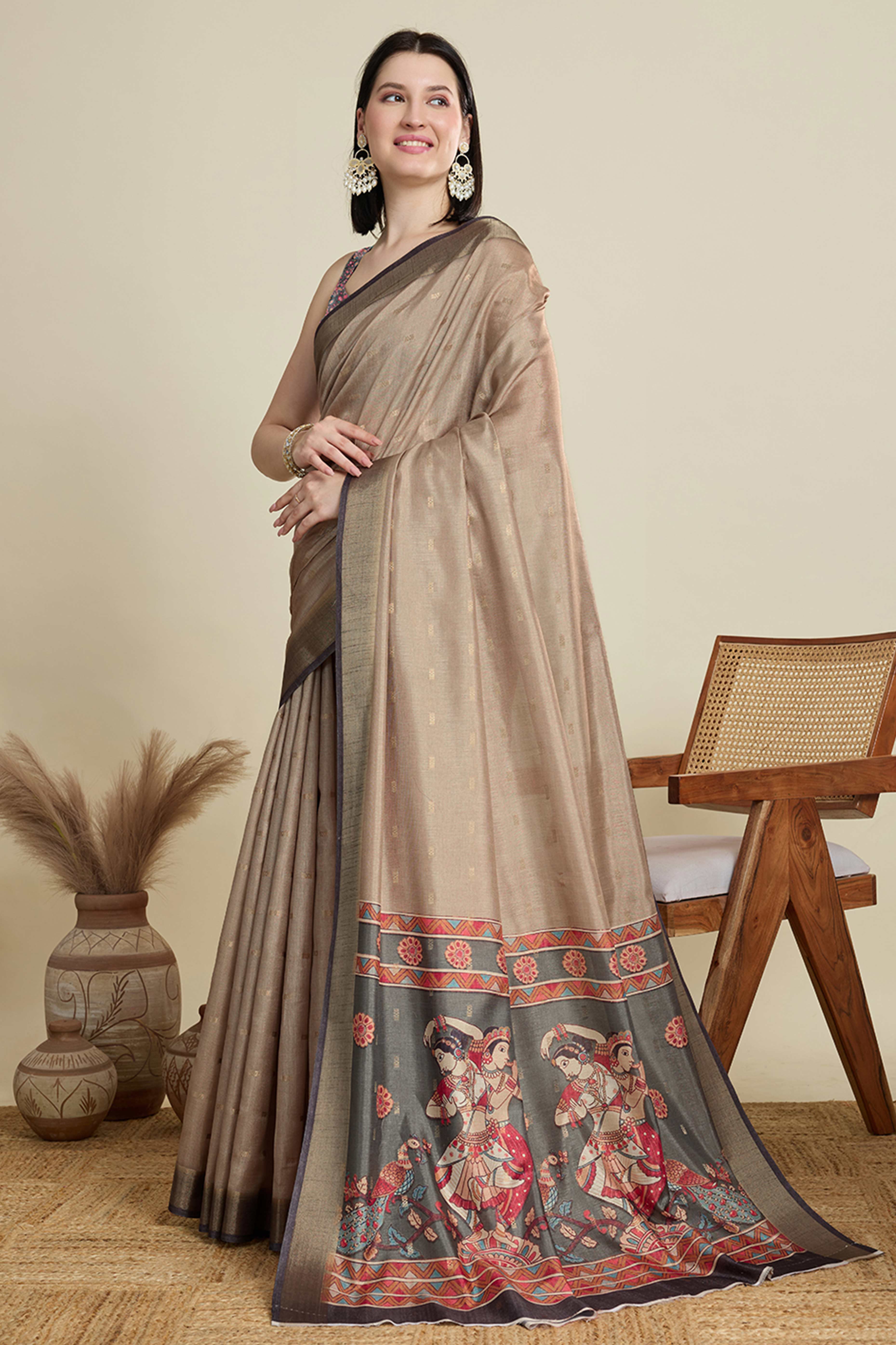 Beige Cotton Blend Saree with Traditional Weaving Butti Work and Gleaming Zari Border