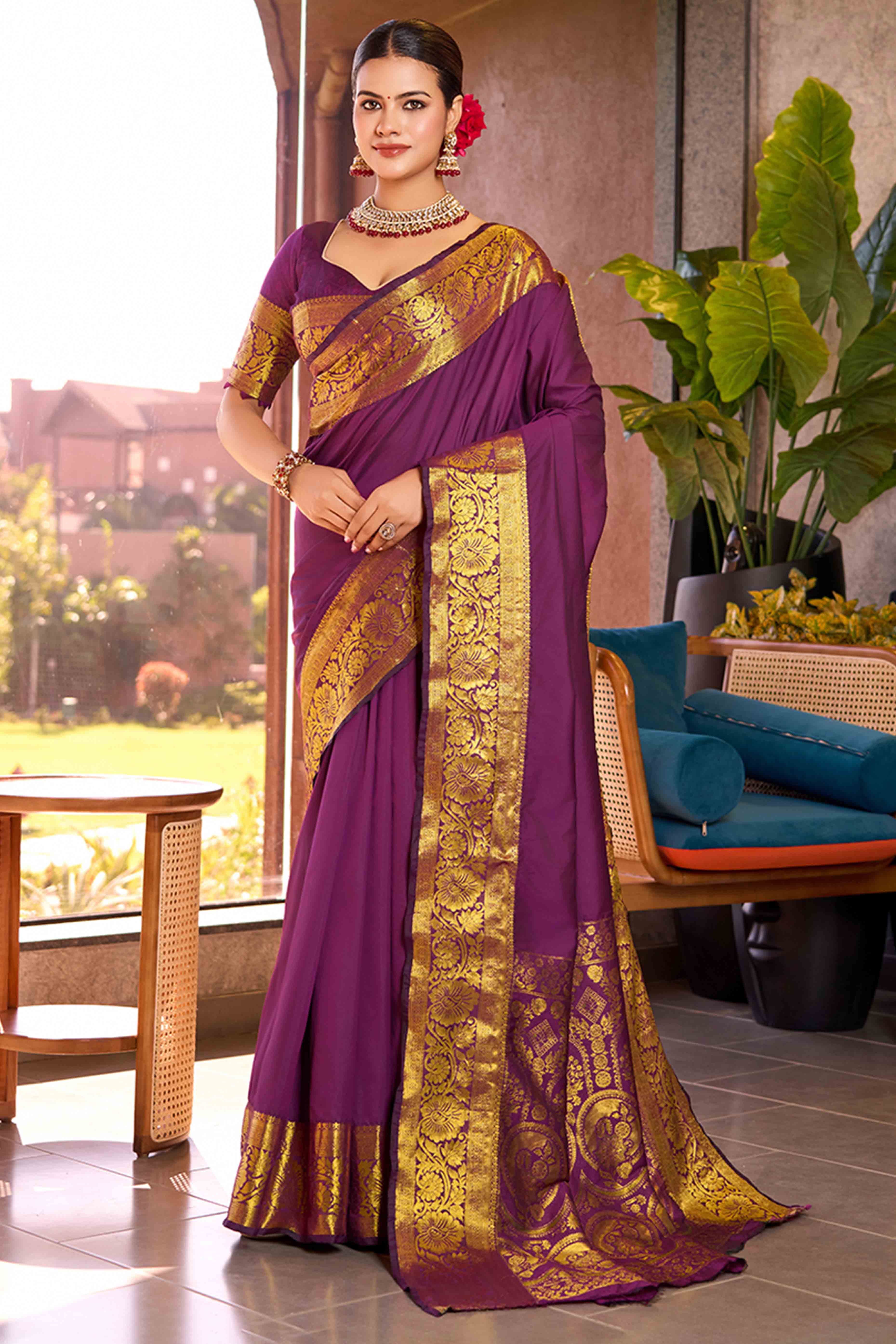 Let Your Style Shine With Purple Floral Woven Pure Silk Saree