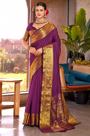 Let Your Style Shine With Purple Floral Woven Pure Silk Saree
