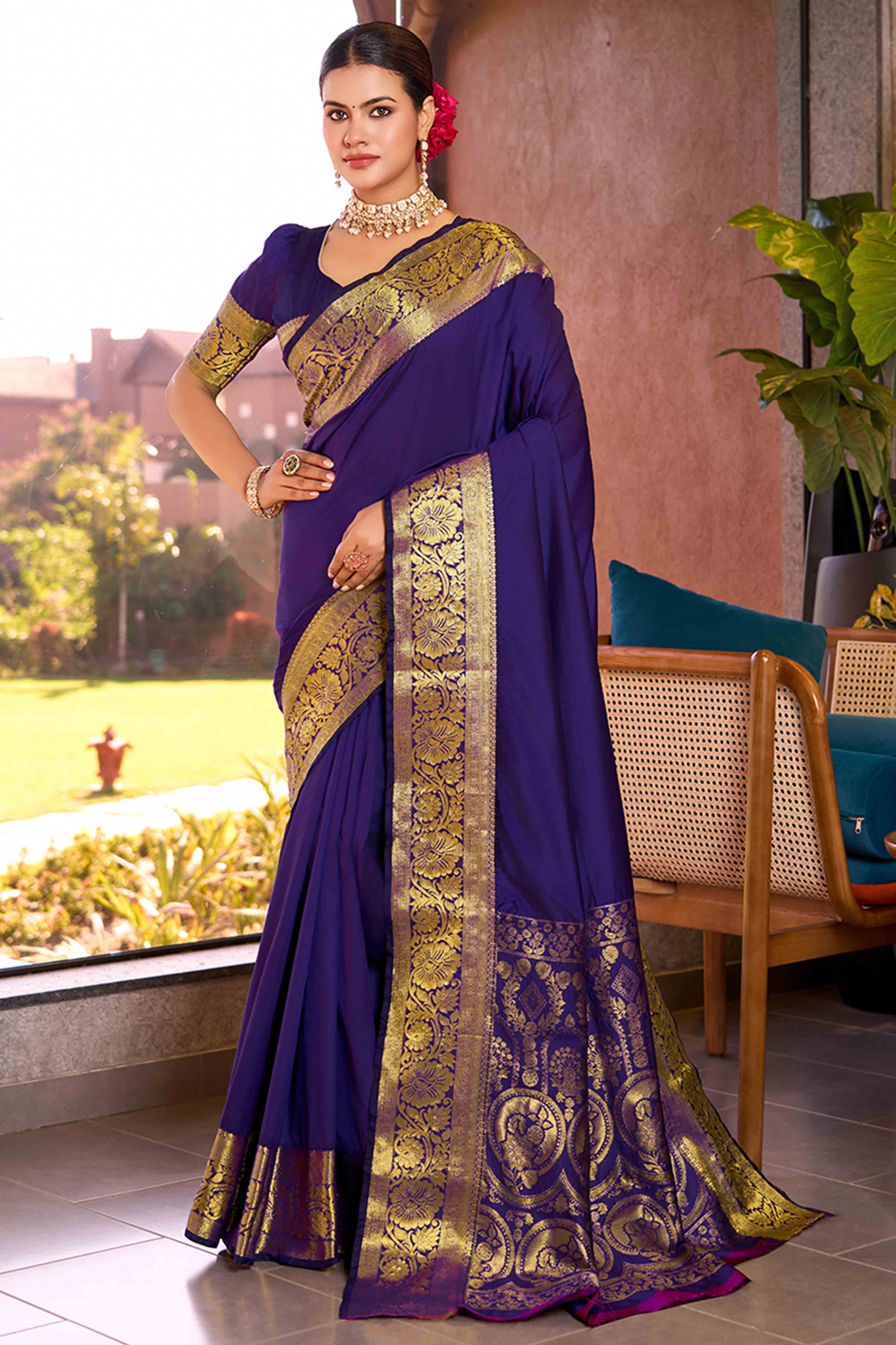 Celebrate Heritage With Majorelle Blue Floral Woven Pure Silk Saree