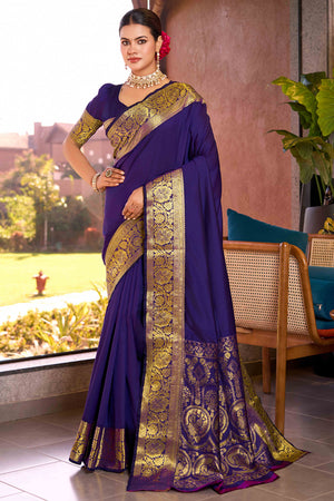 Celebrate Heritage With Majorelle Blue Floral Woven Pure Silk Saree