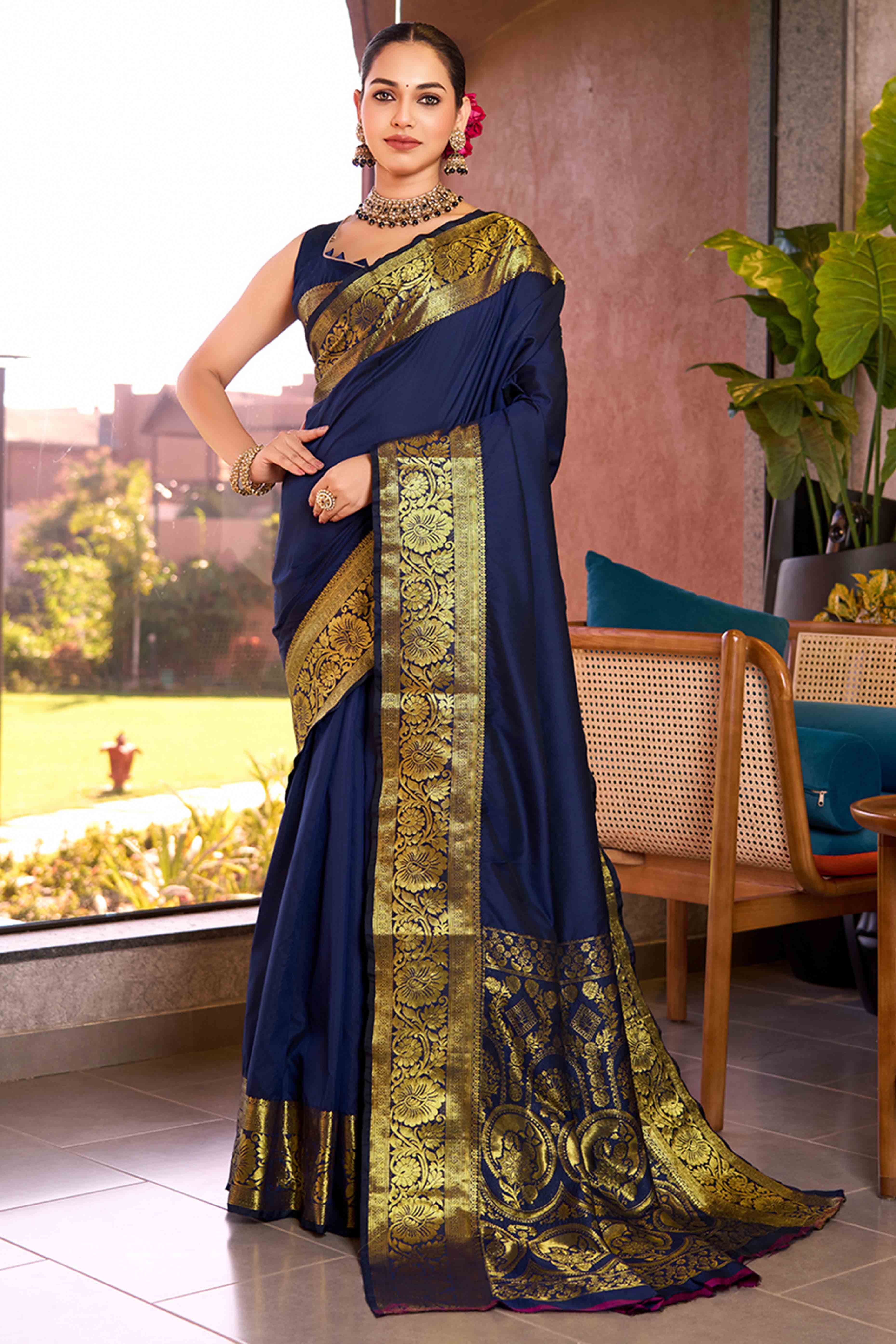 Unveil Your Grace In Navy Blue Floral Woven Pure Silk Saree