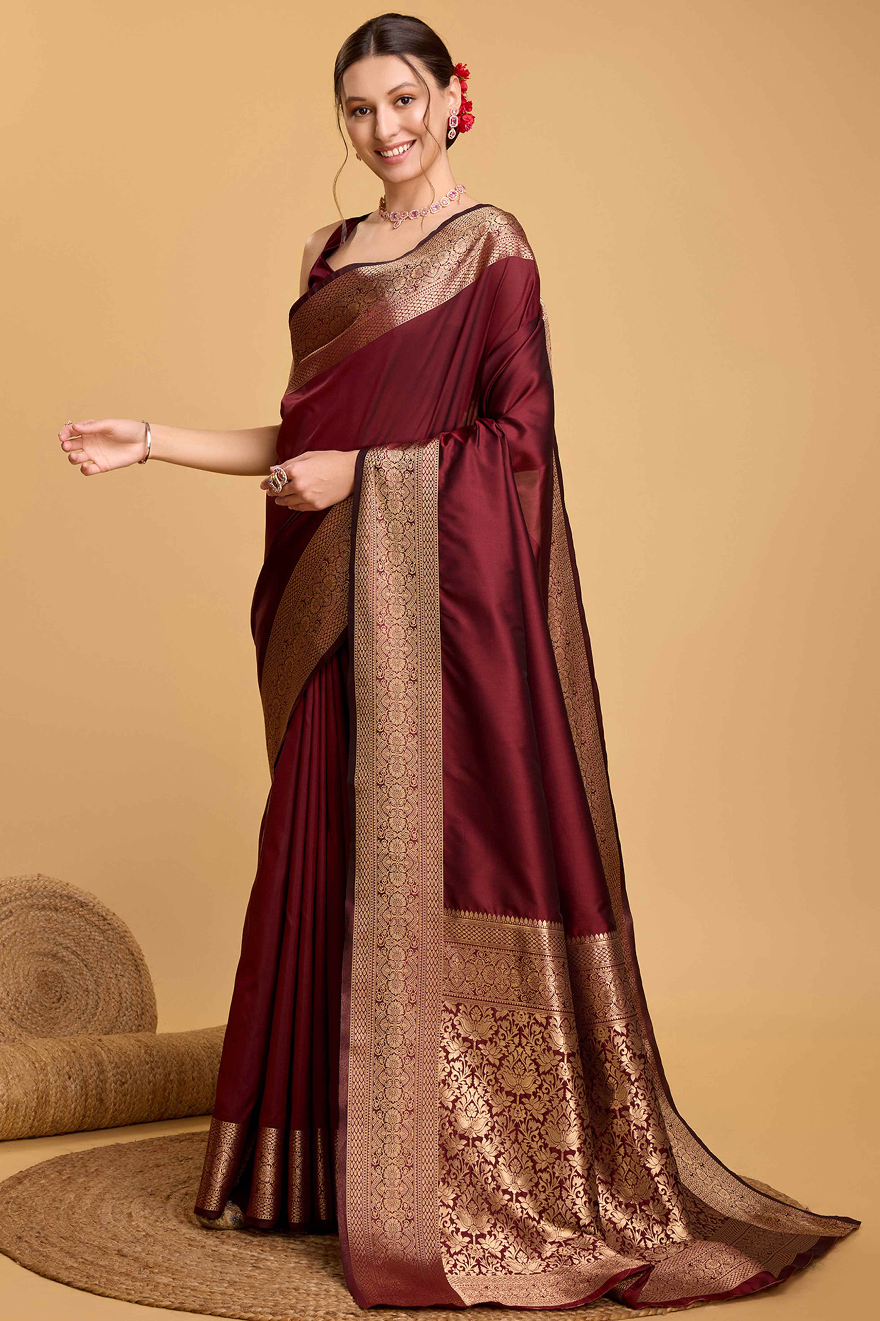 Maroon Zari Weaving Banarasi Silk Saree