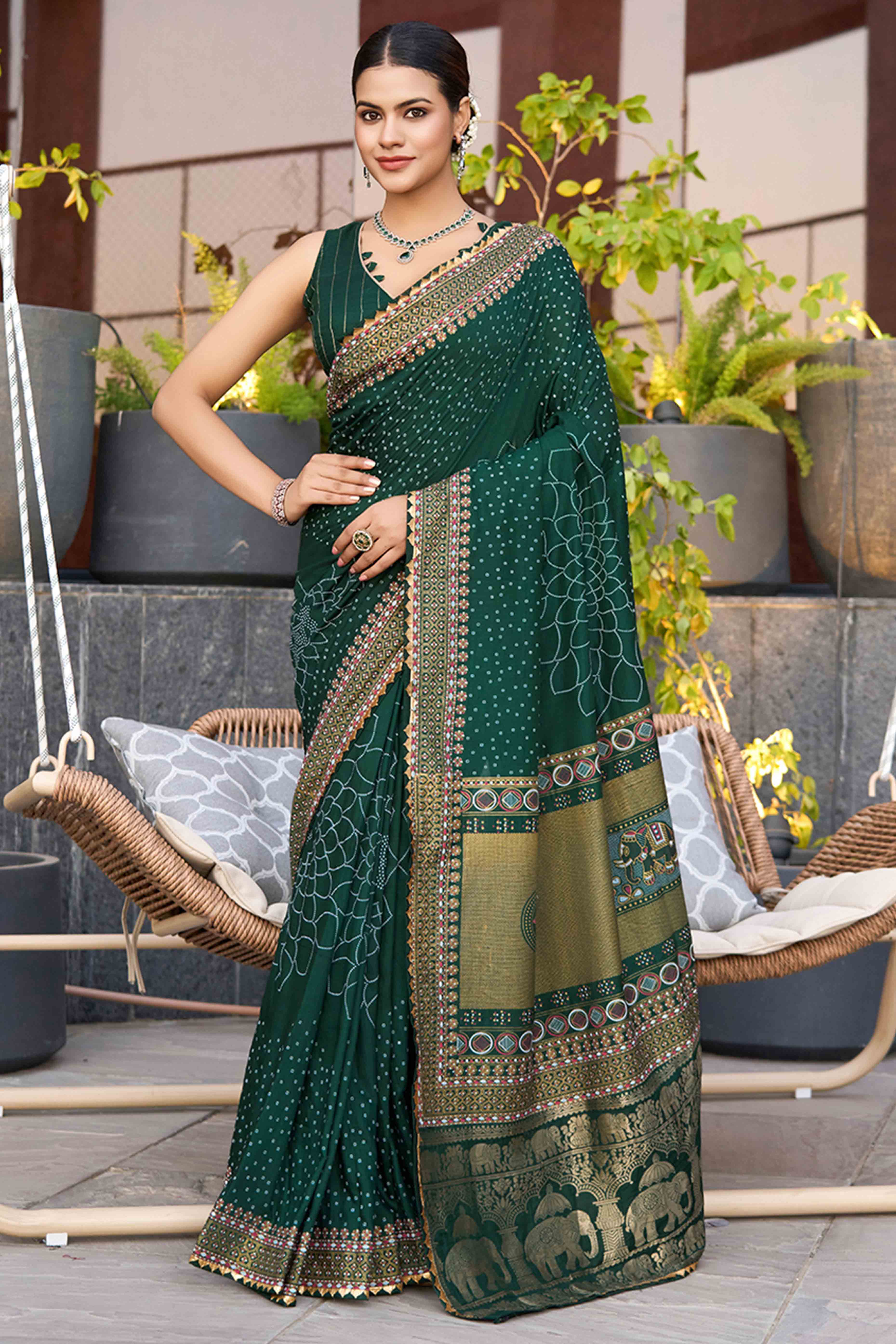Let Your Style Shine With Green Bandhani Foil Printed Cotton Silk Sarree With Lace Border