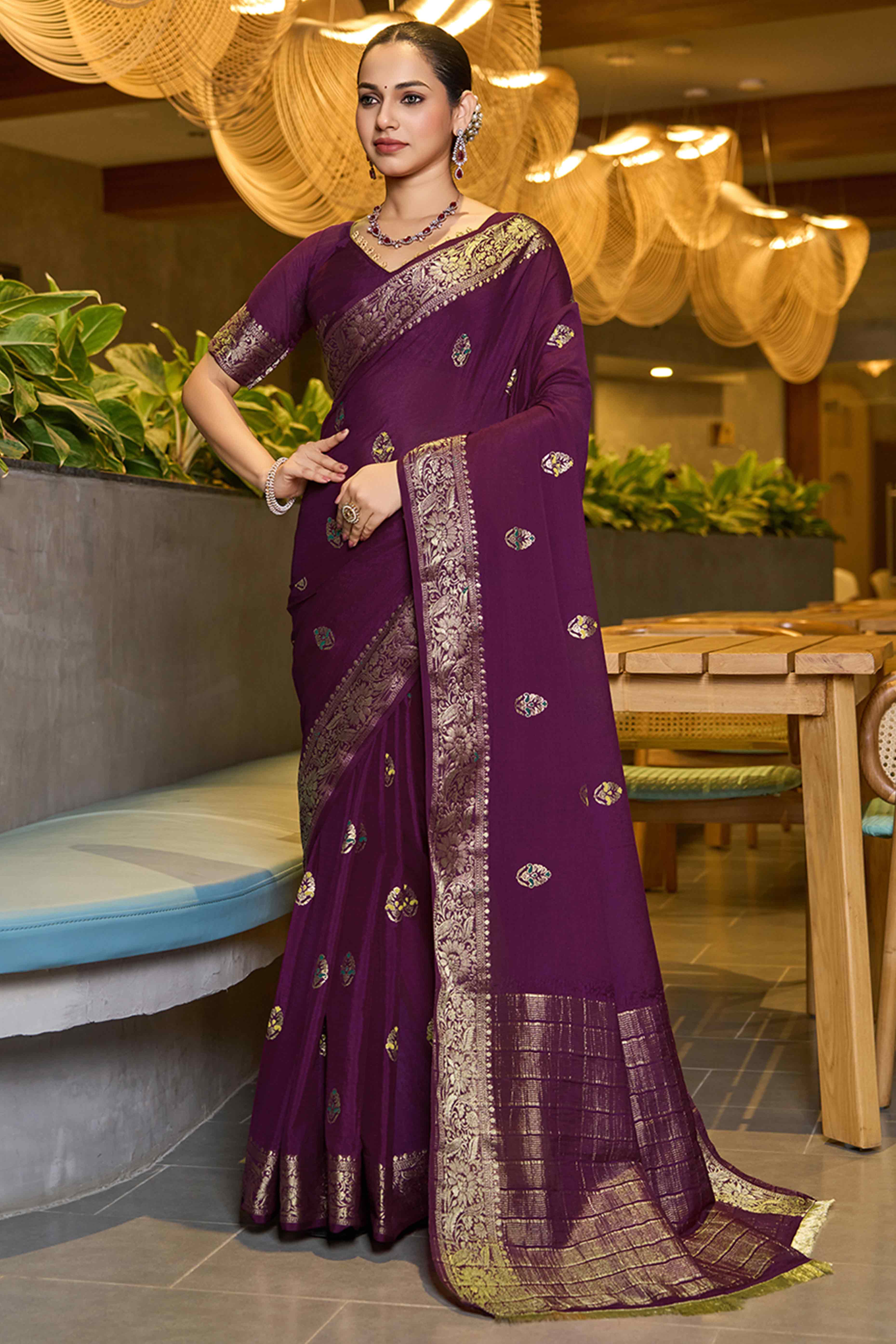 Celebrate Heritage With Wine Floral Woven Chinon Silk Saree
