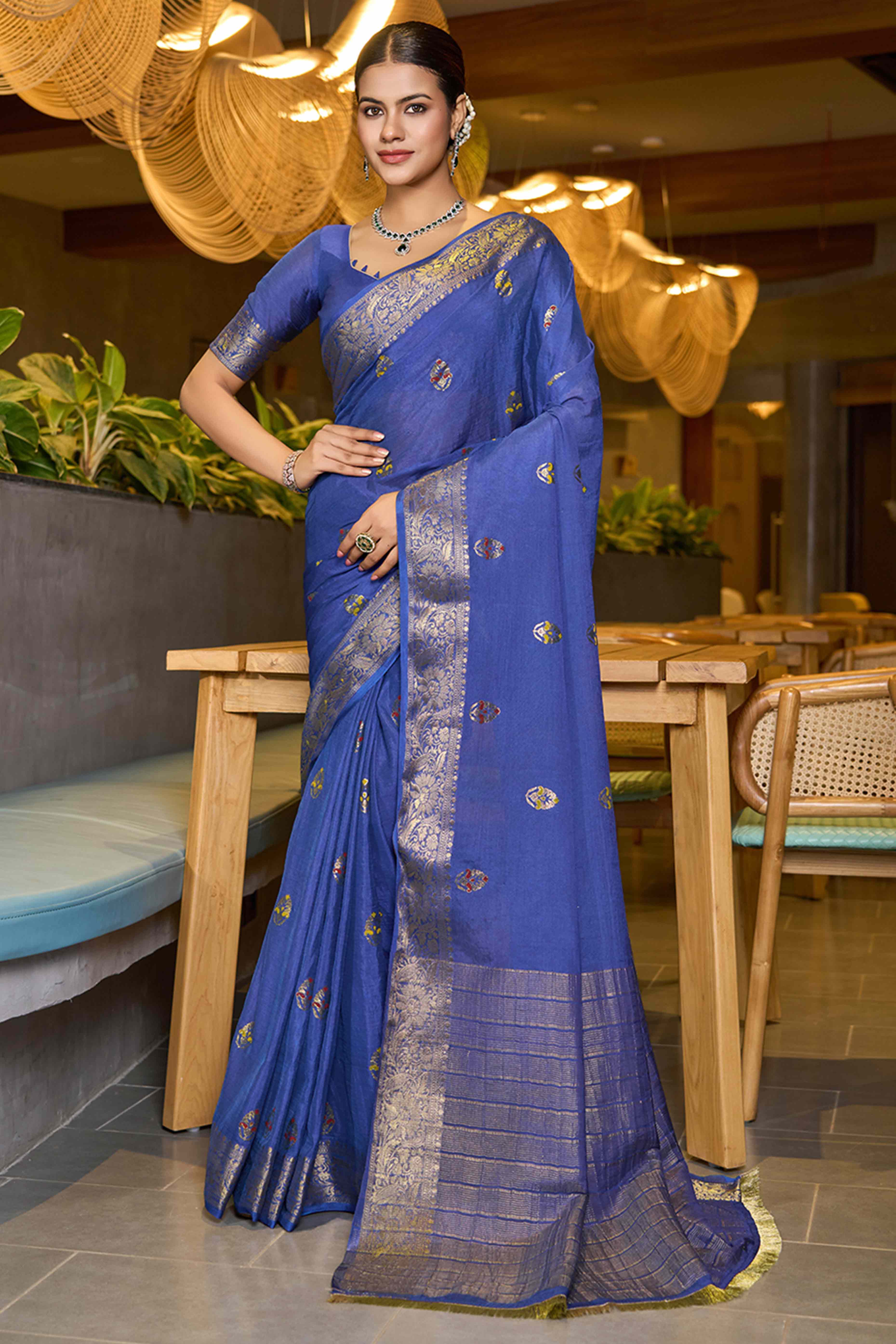 Feel The Luxury Of Blue Floral Woven Chinon Silk Saree