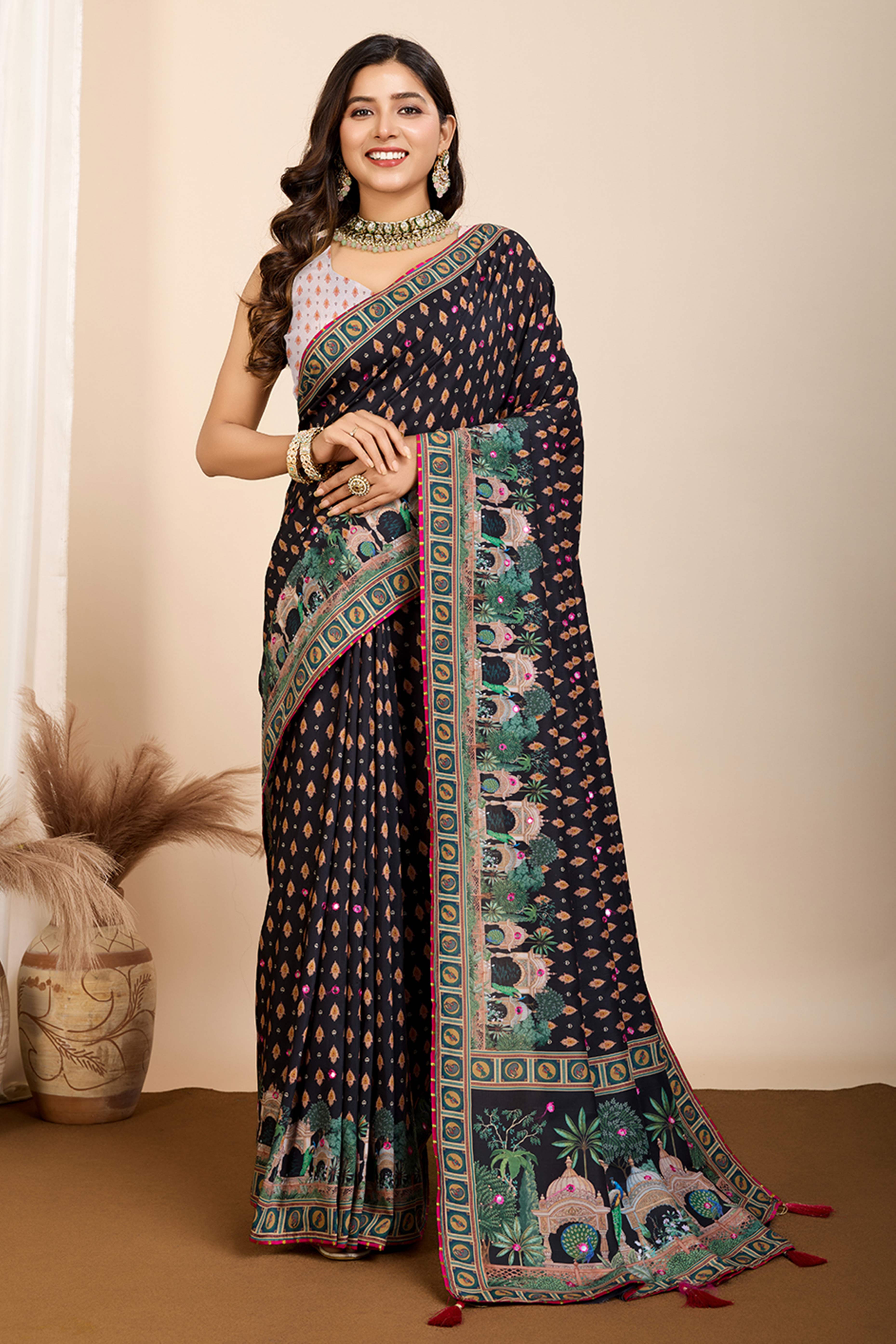 Black Mirror Work Bandhani Printed Muslin Saree
