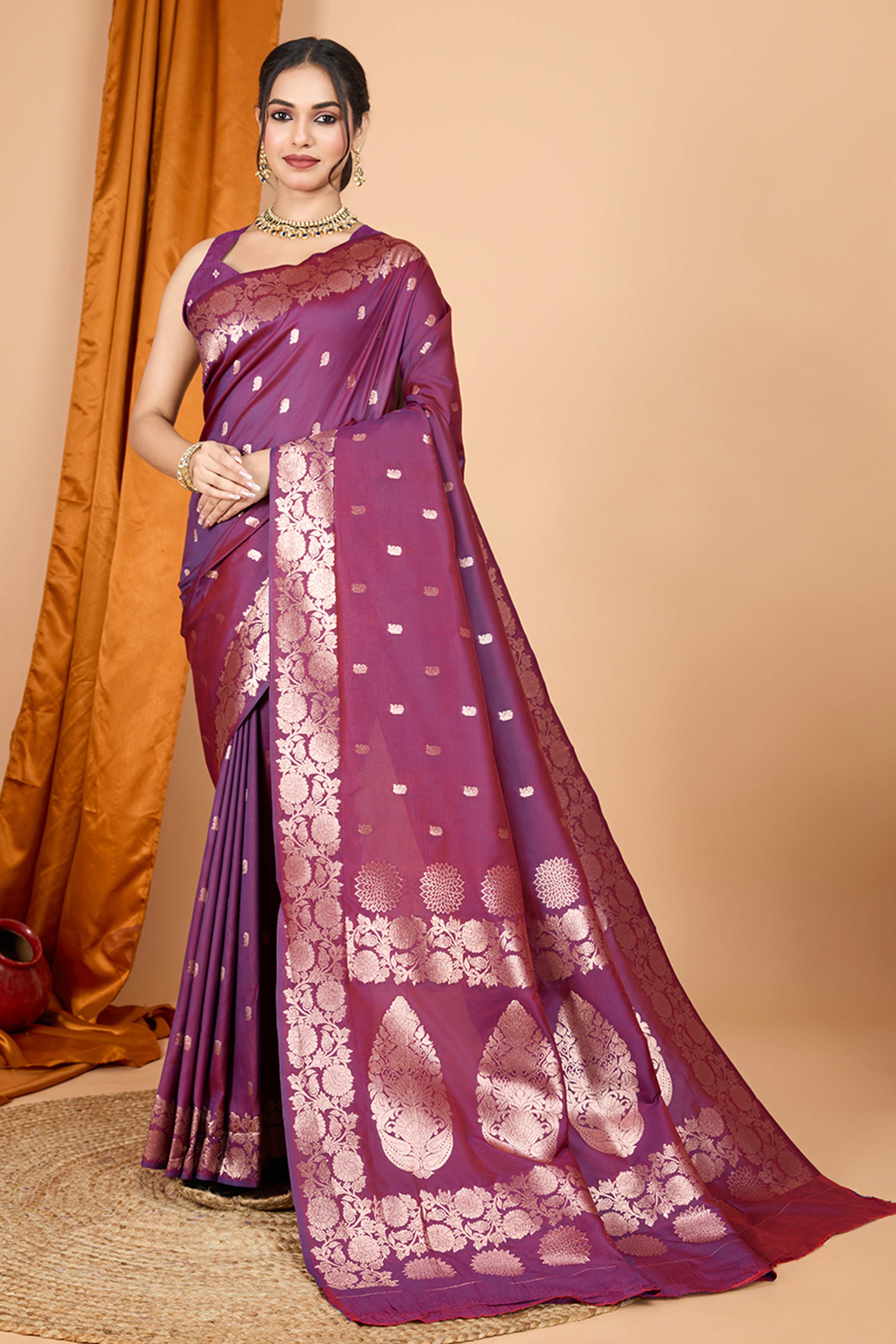 Wine Banarasi Silk Saree With Intricate Floral Zari Weaving