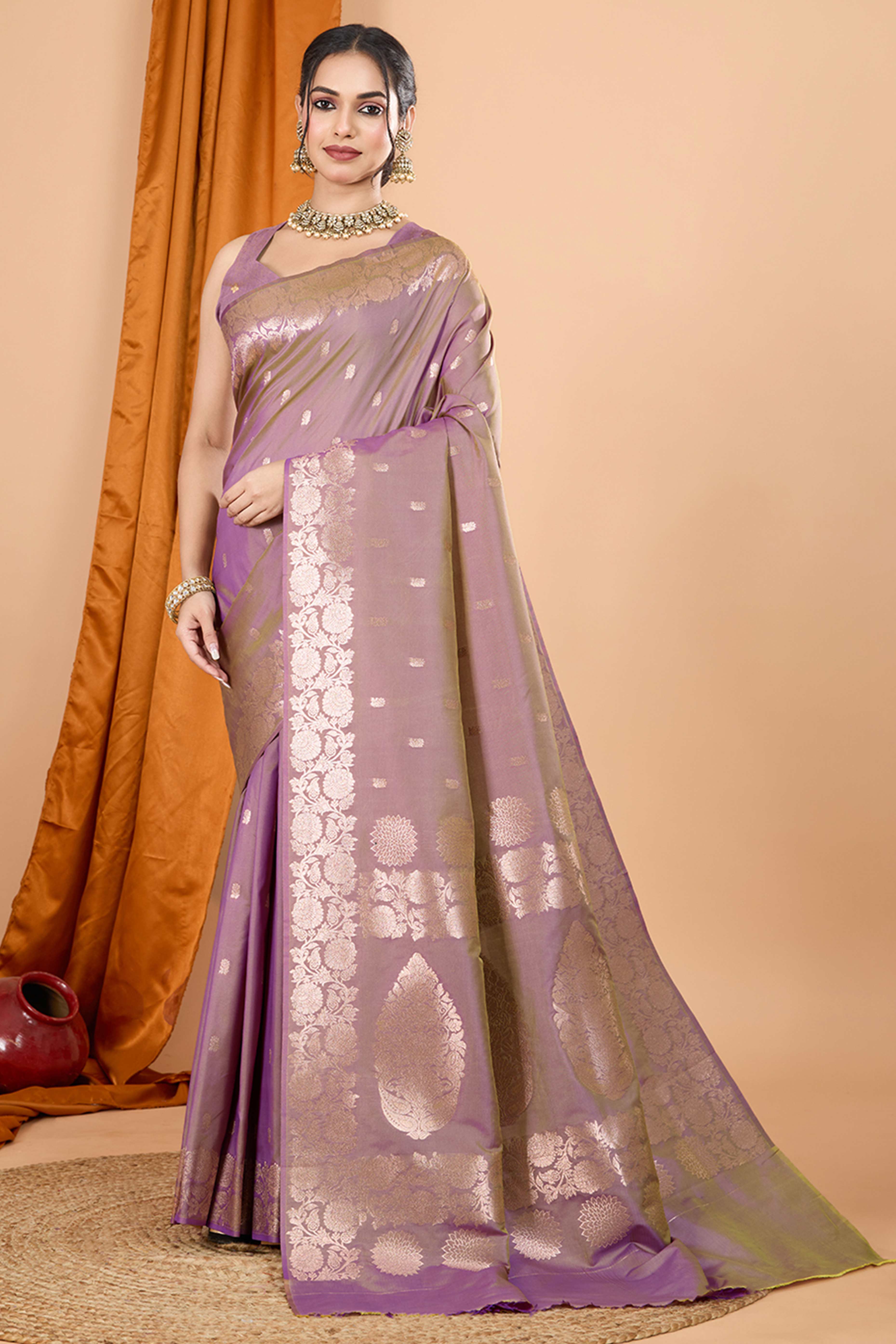 Lilac Lavender Banarasi Silk Saree With Intricate Floral Zari Weaving