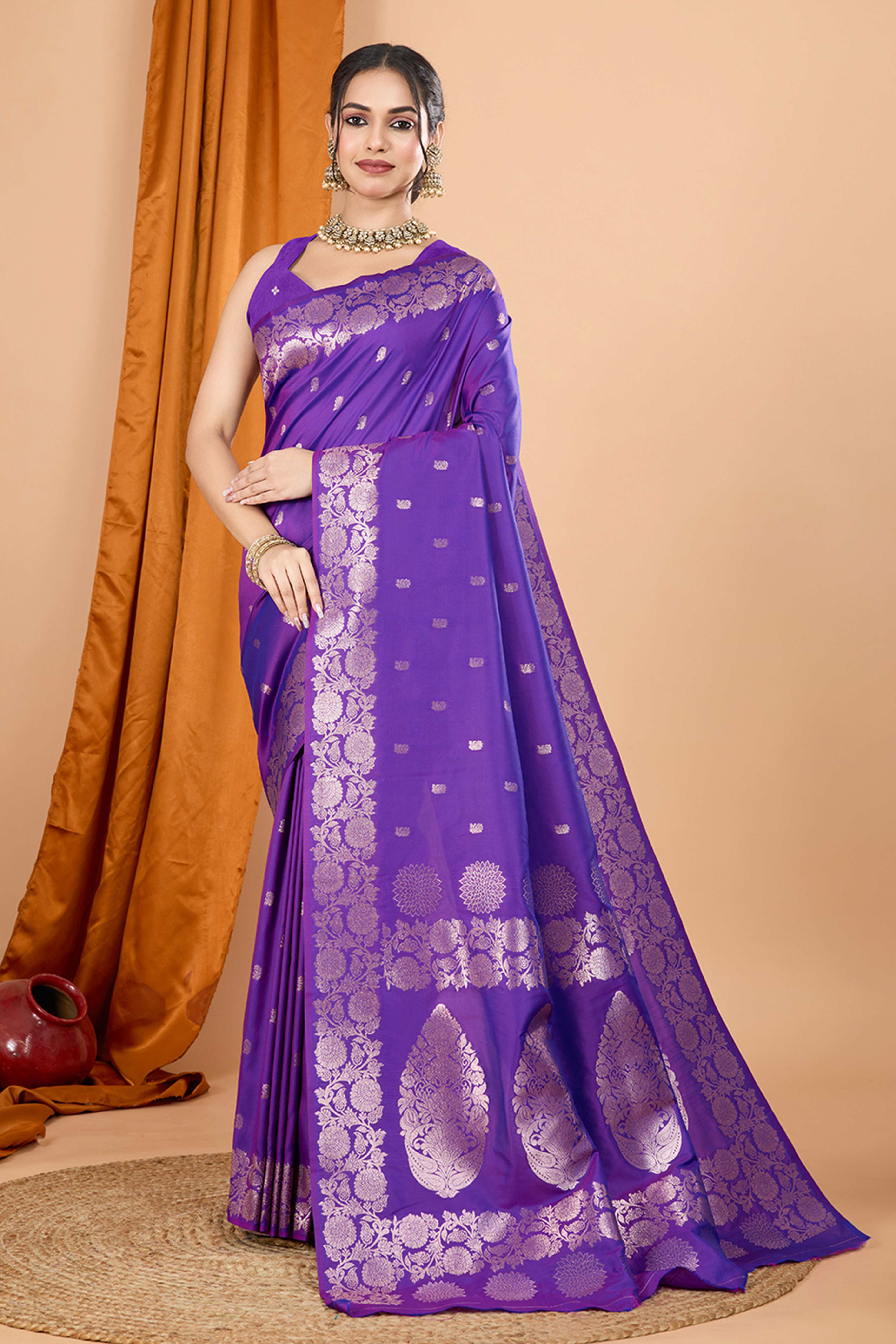 Violet Banarasi Silk Saree With Intricate Floral Zari Weaving