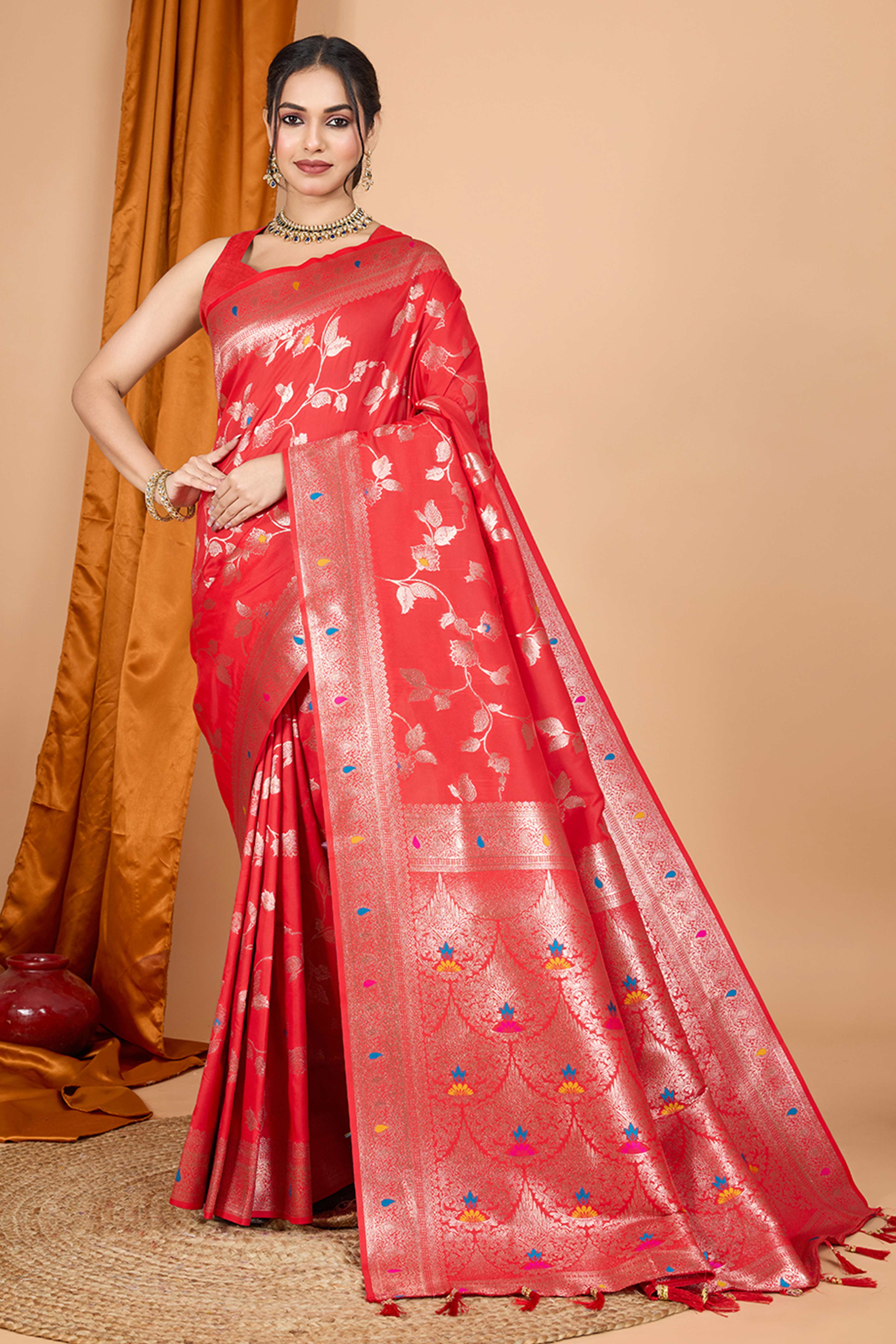 Red Banarasi Silk Saree With Exquisite Floral Zari Weaving and Elegant Tassels