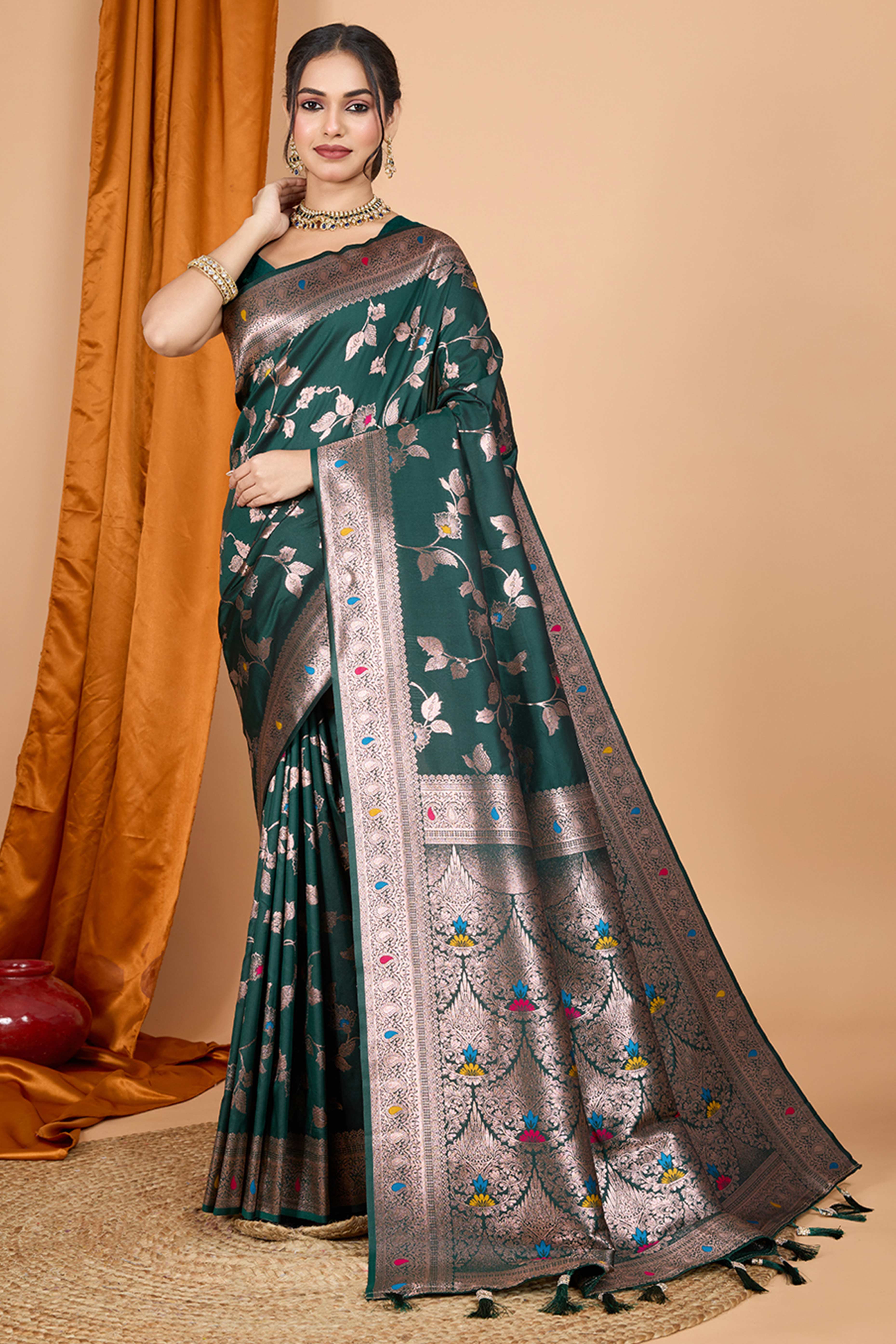 Green Banarasi Silk Saree With Exquisite Floral Zari Weaving and Elegant Tassels