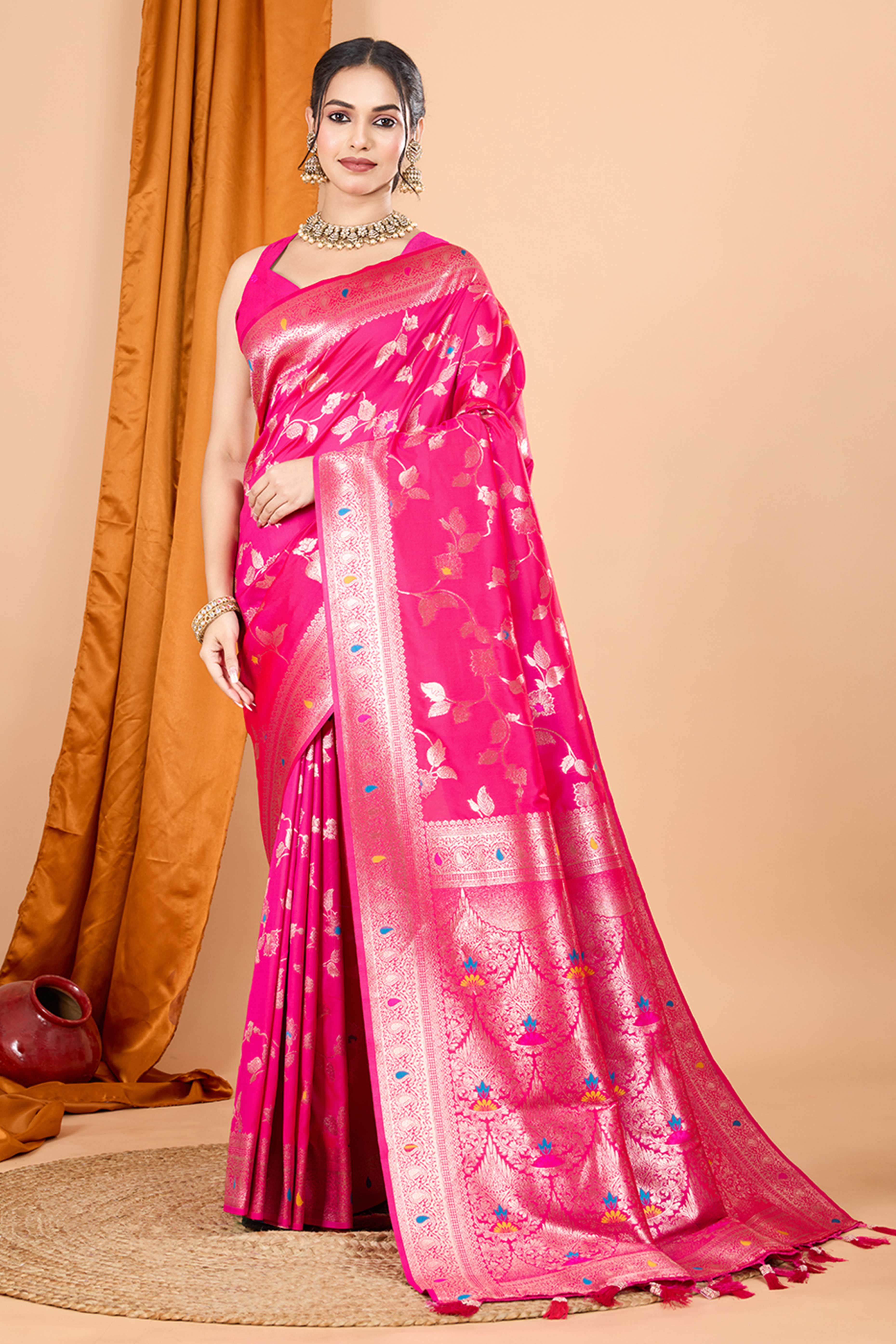 Pink Banarasi Silk Saree With Exquisite Floral Zari Weaving and Elegant Tassels