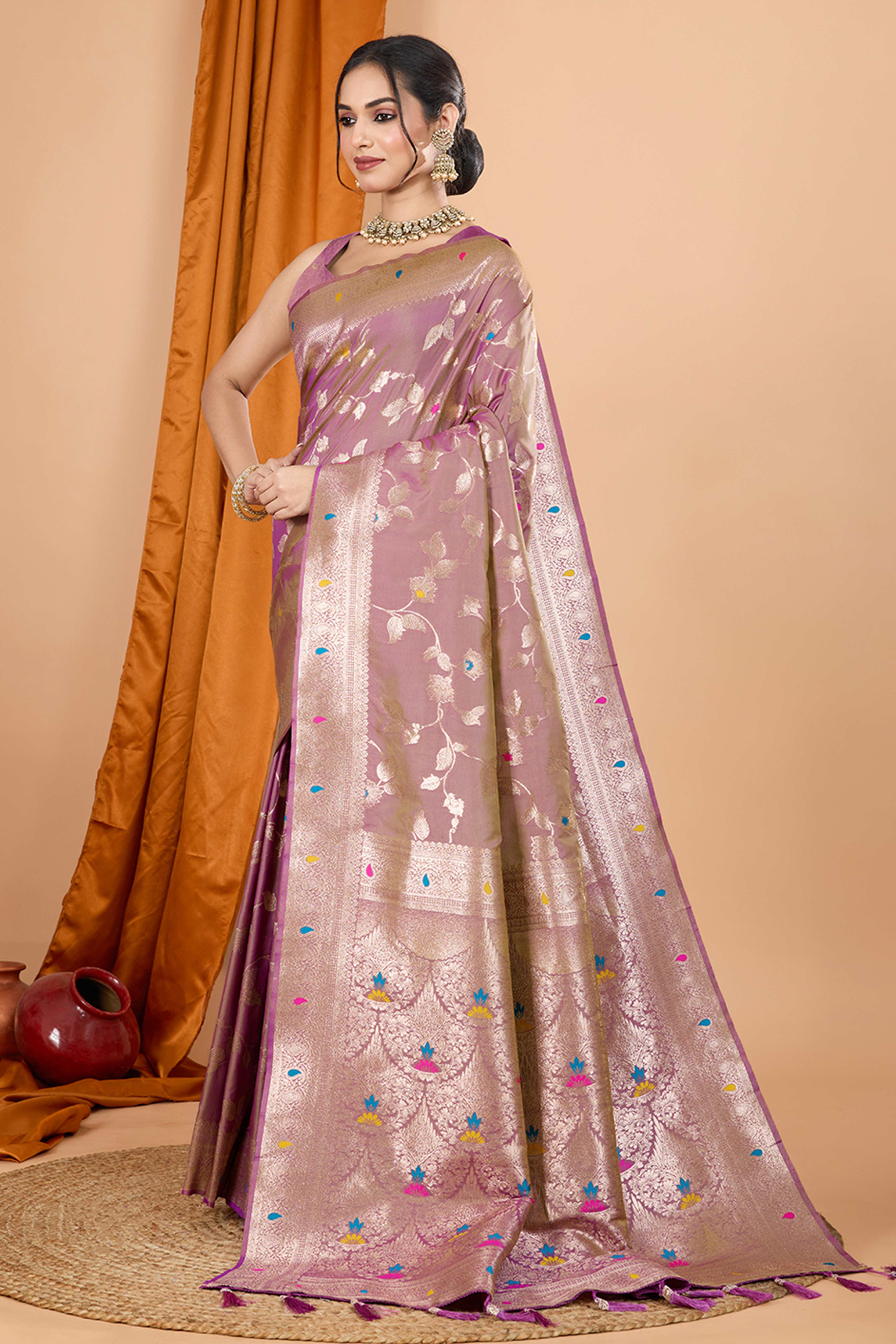 Lilac Lavender Banarasi Silk Saree With Exquisite Floral Zari Weaving and Elegant Tassels