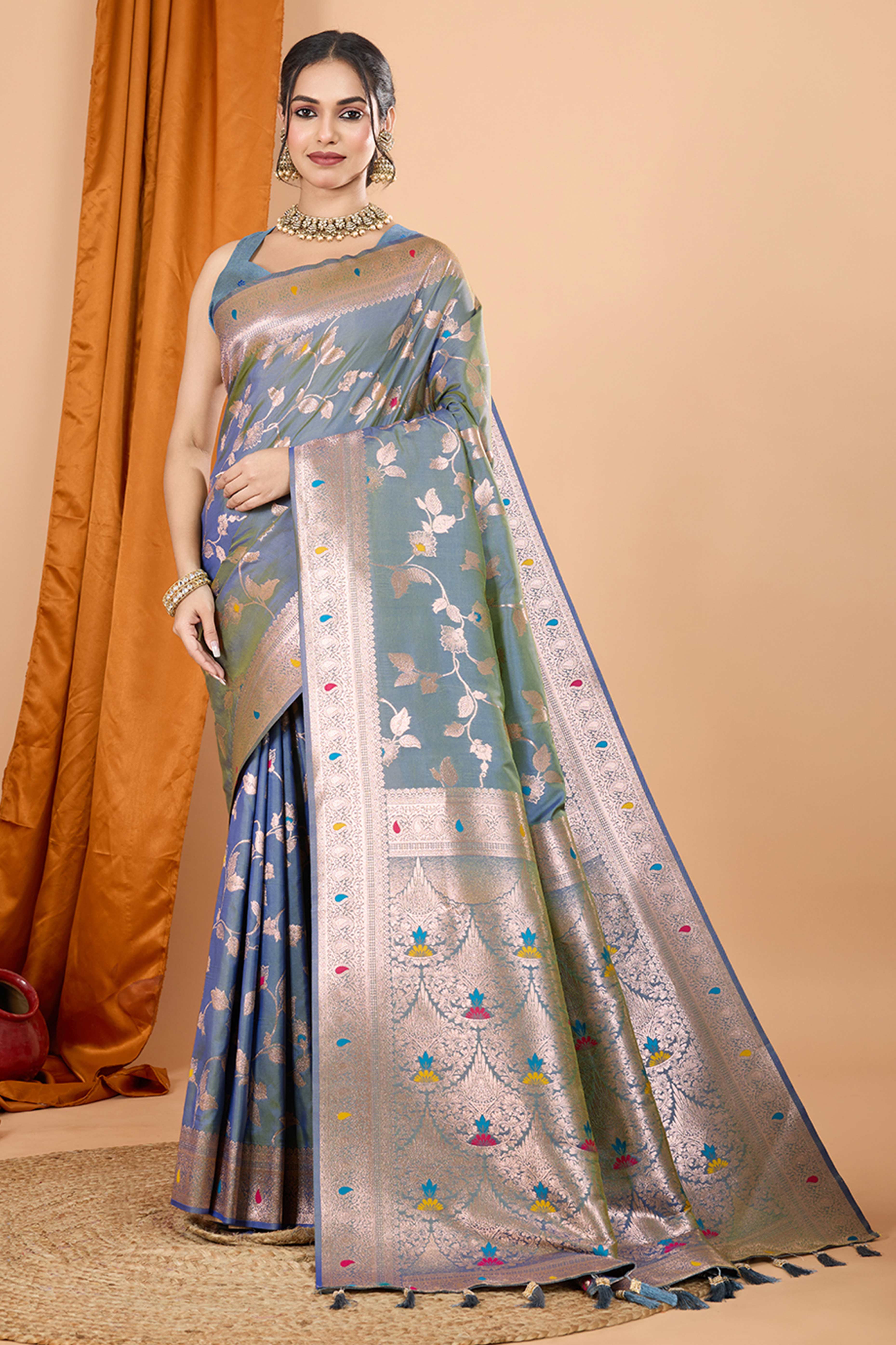 Greyish Blue Banarasi Silk Saree With Exquisite Floral Zari Weaving and Elegant Tassels