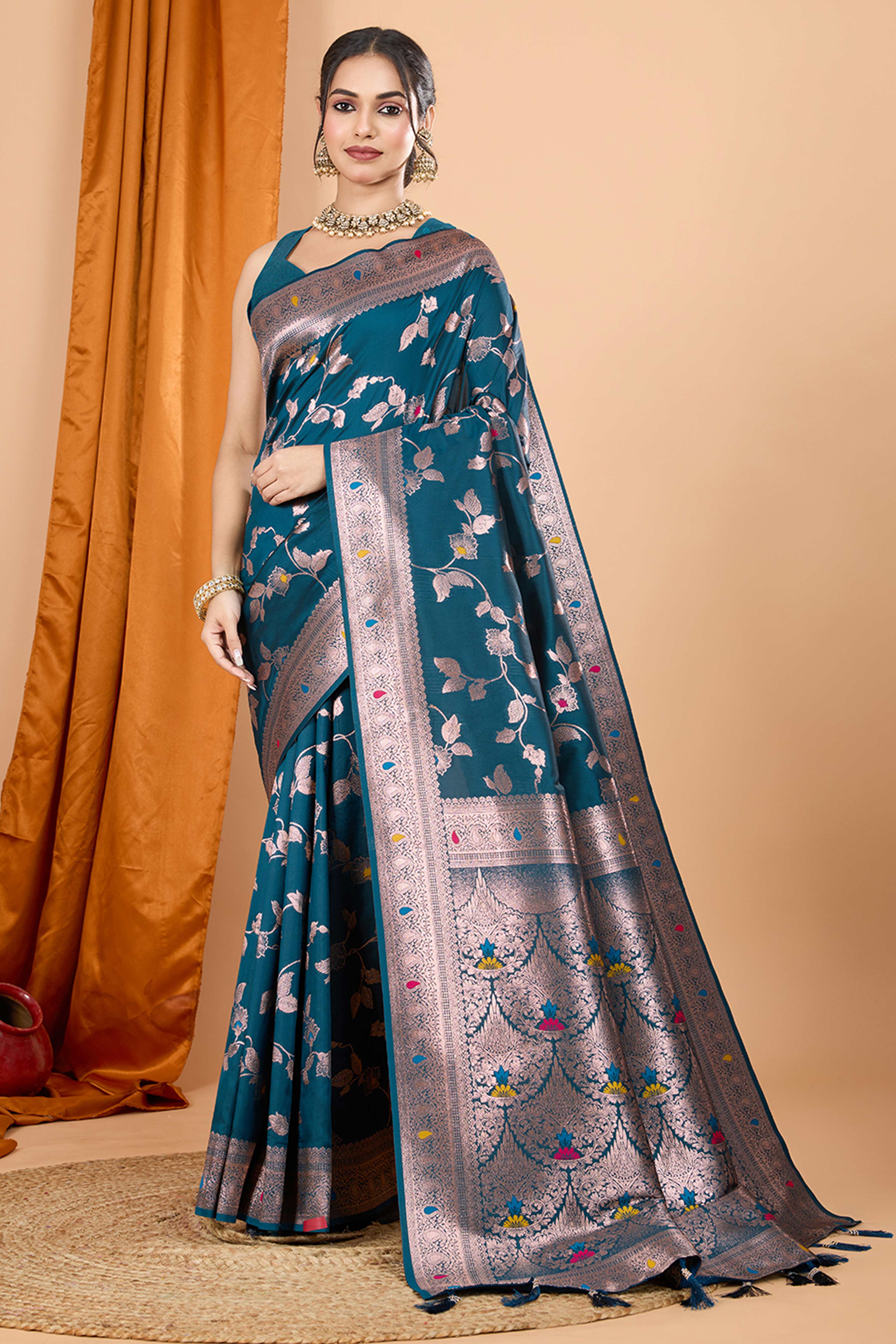 Teal Banarasi Silk Saree With Exquisite Floral Zari Weaving and Elegant Tassels