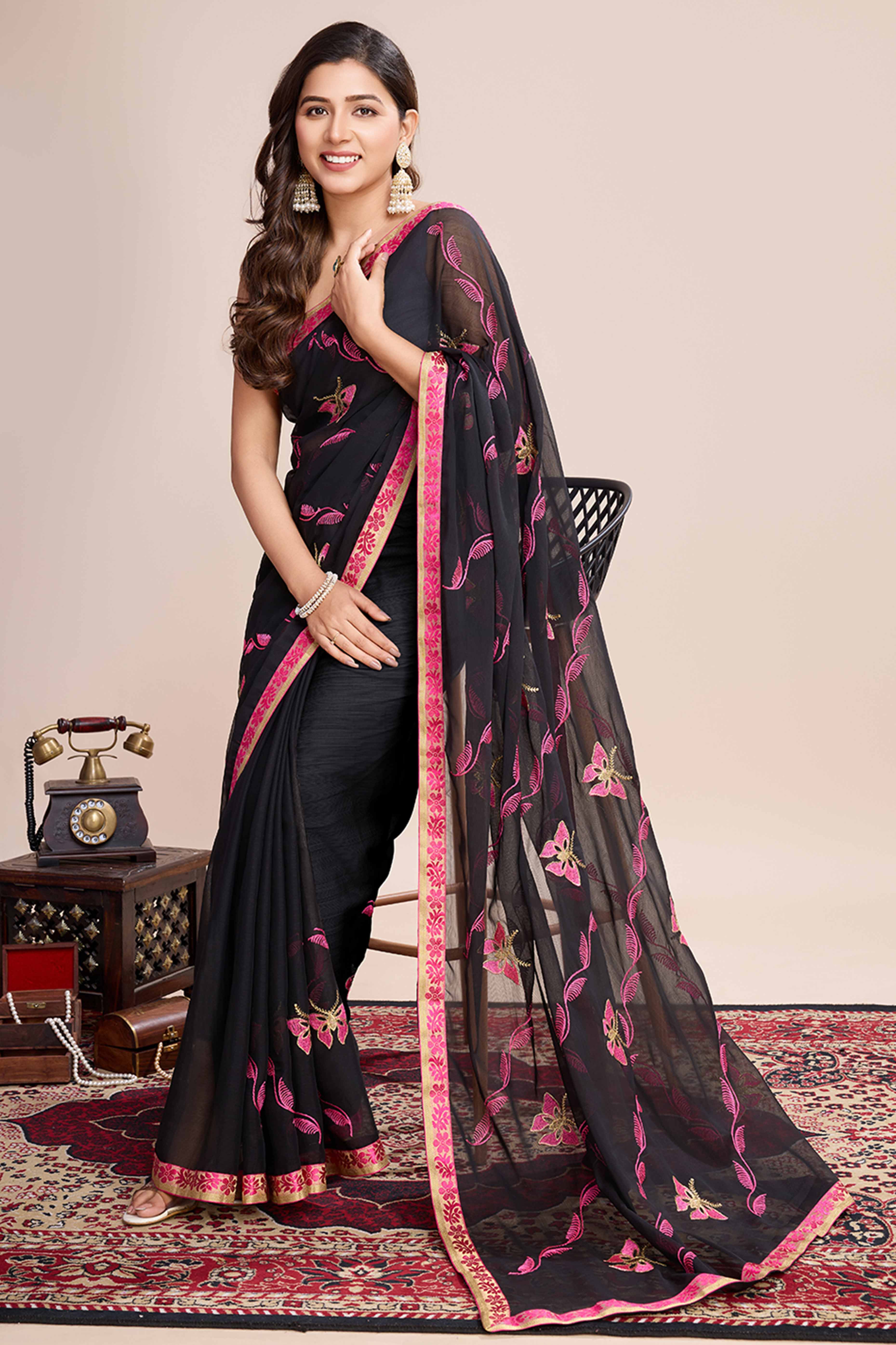 Black Floral Embroidered Georgette Saree