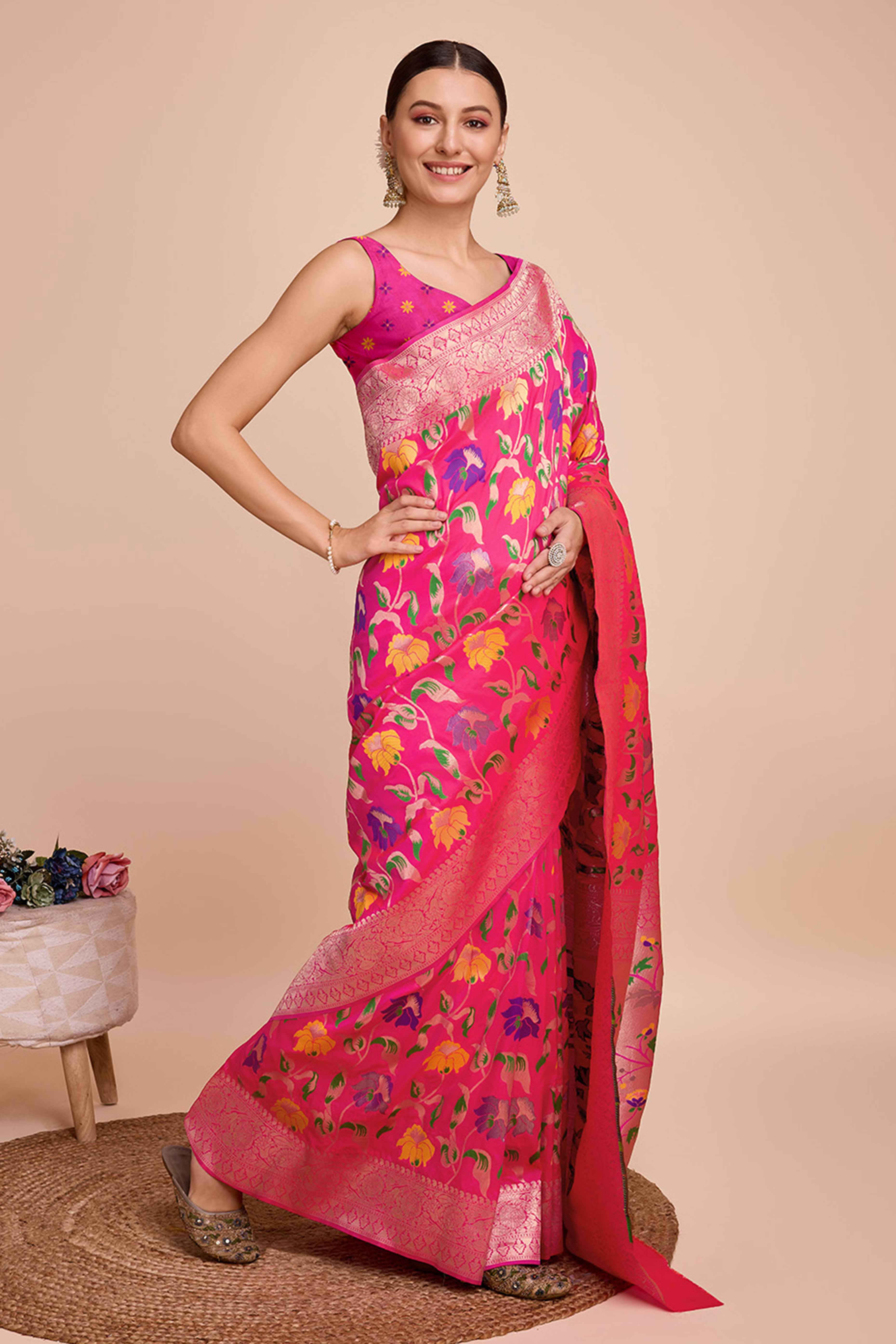 Pink Floral Zari Weaving Pure Silk Paithani Saree