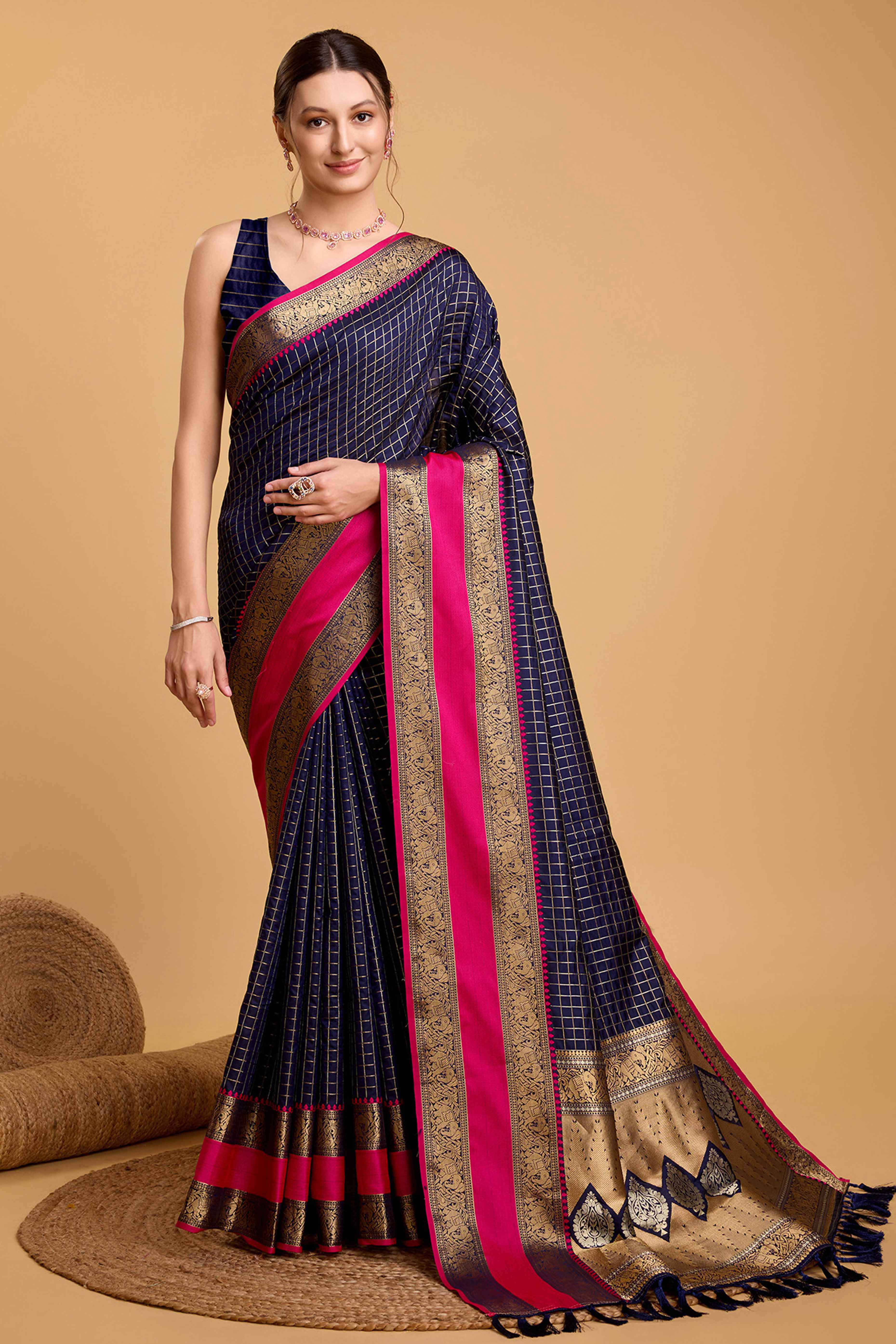 Navy Blue Zari Weaving Banarasi Silk Saree