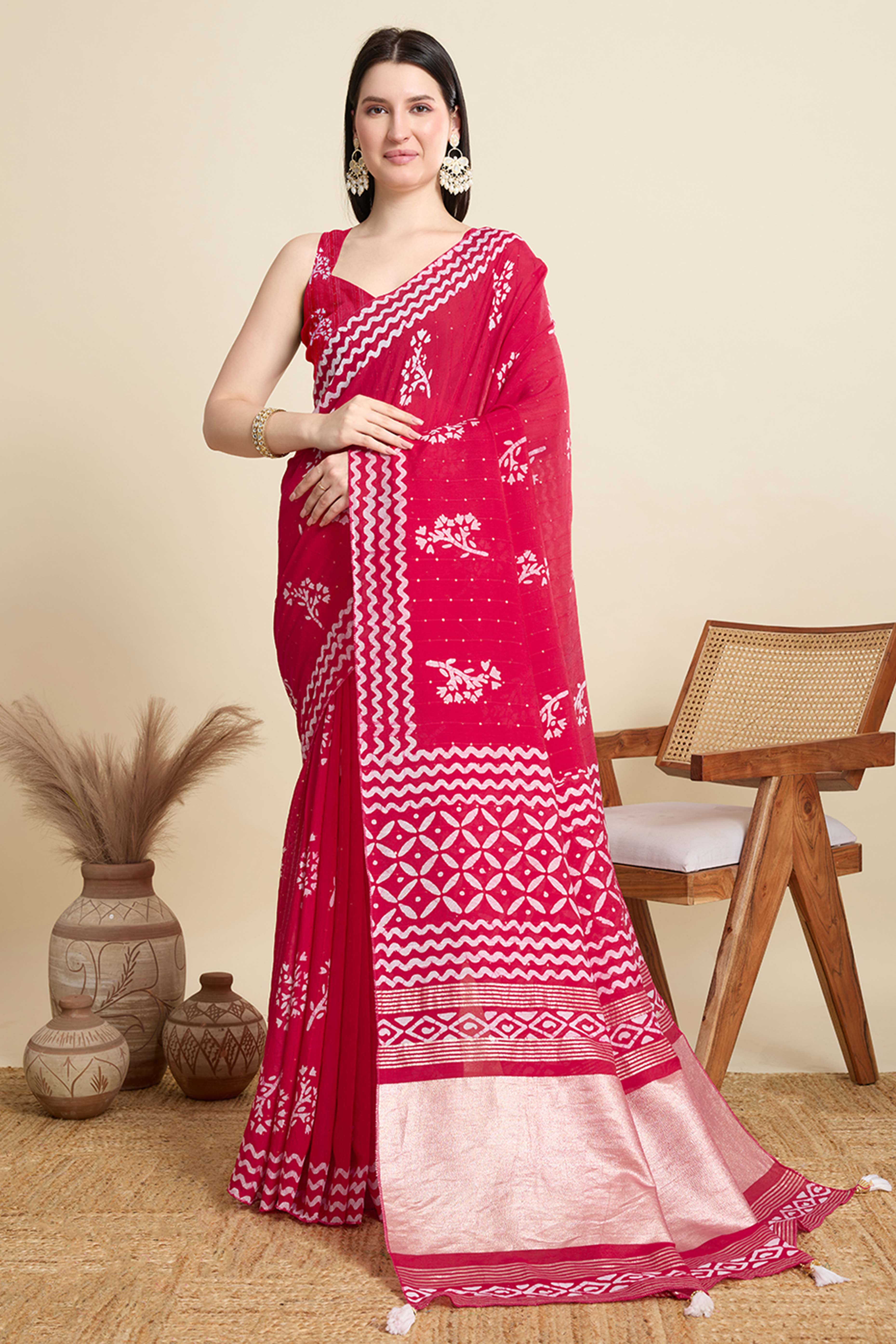 Pink Cotton Blend Saree Featuring Floral Prints and Elegant Sequins Work Accents