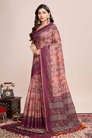 Beige Floral Printed Linen Saree