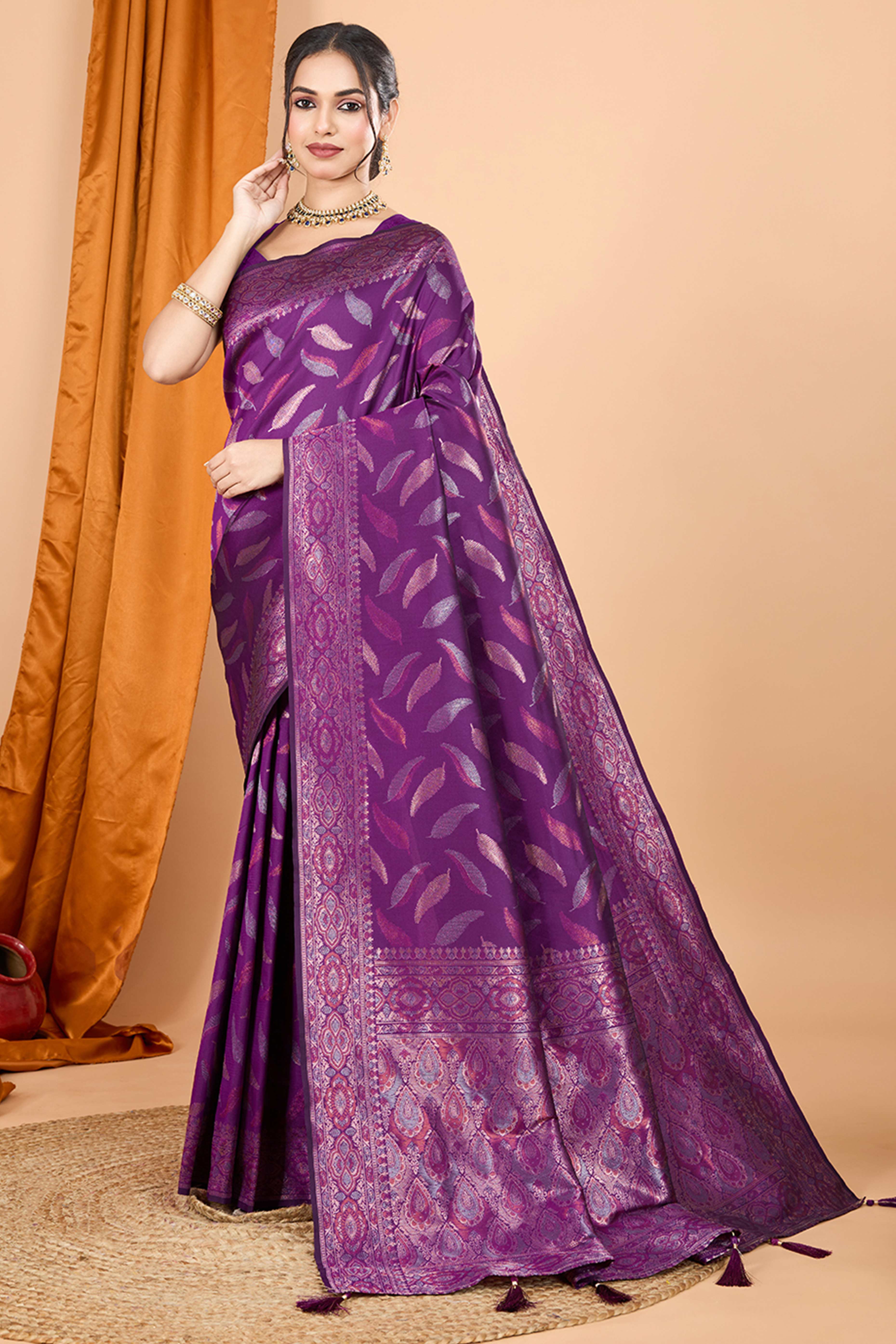 Purple Pure Silk Saree With Intricate Leaf Pattern Zari Weaving & Graceful Tassels