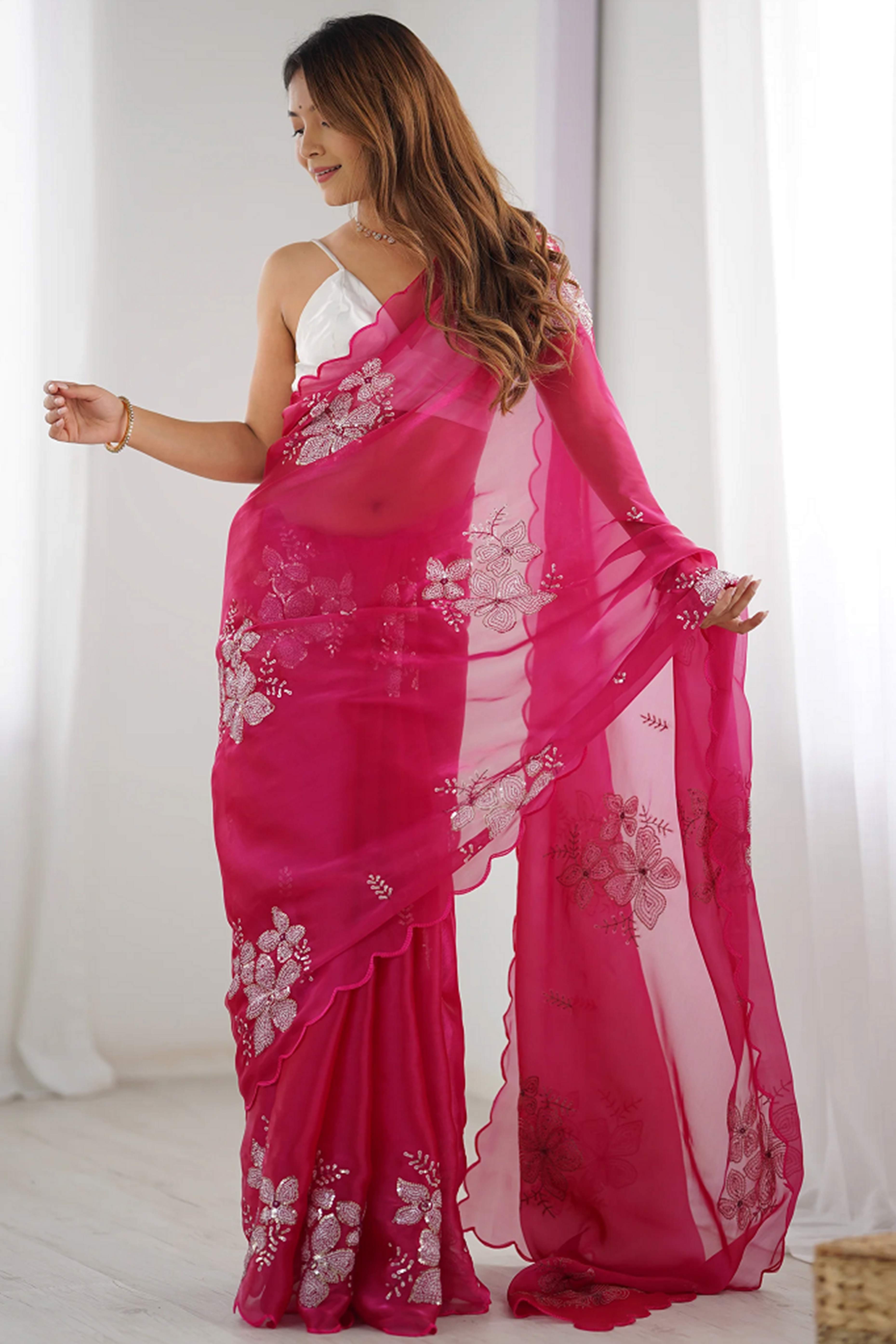 Pink Sequins Floral Embroidered Organza Saree