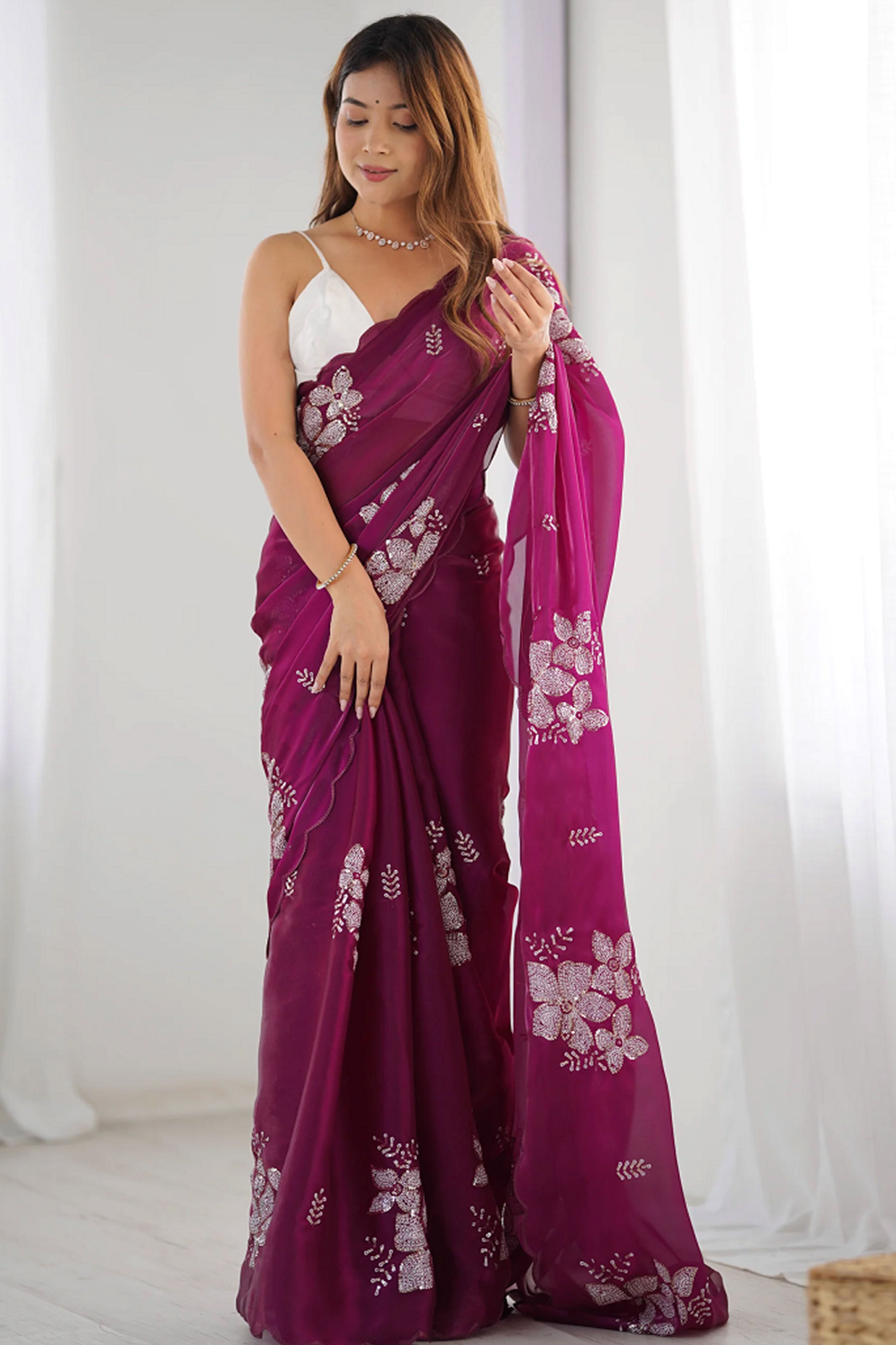 Wine Sequins Floral Embroidered Organza Saree