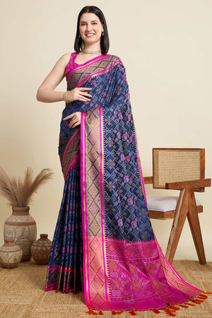 Royal Blue Silk Blend Saree Featuring Patola Prints and a Detailed Weaving Border