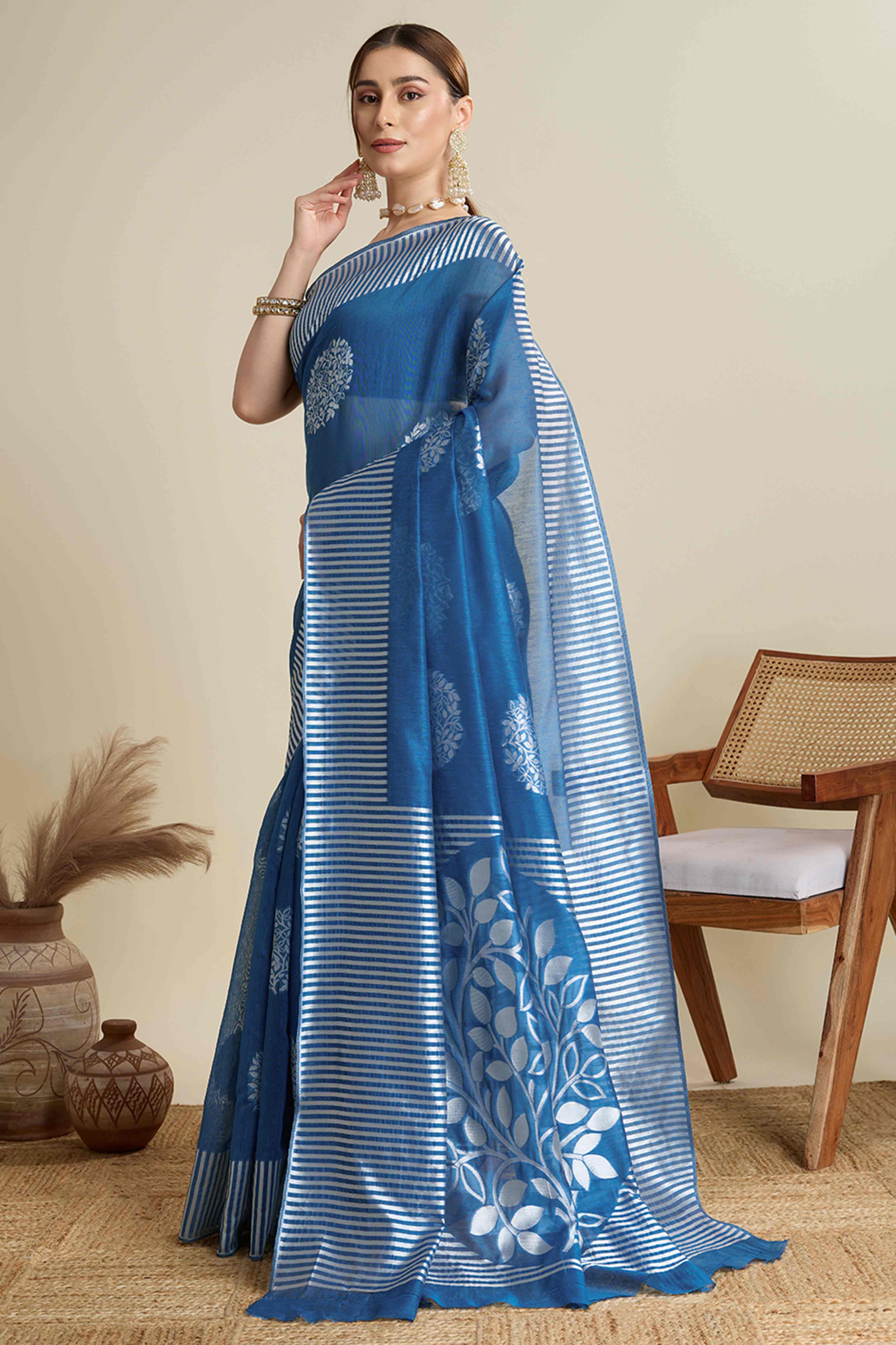 Blue Elegance Soft Cotton Silk Saree with Beautifully Woven Floral Designs