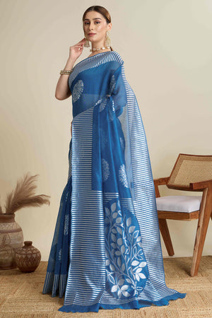 Blue Elegance Soft Cotton Silk Saree with Beautifully Woven Floral Designs