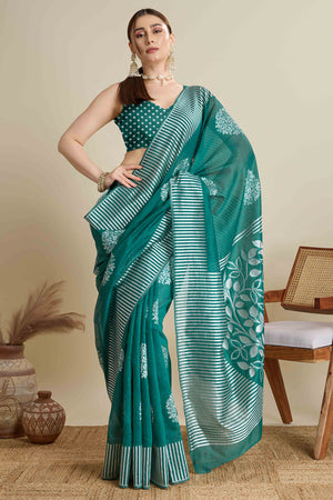 Rama Green Elegance Soft Cotton Silk Saree with Beautifully Woven Floral Designs